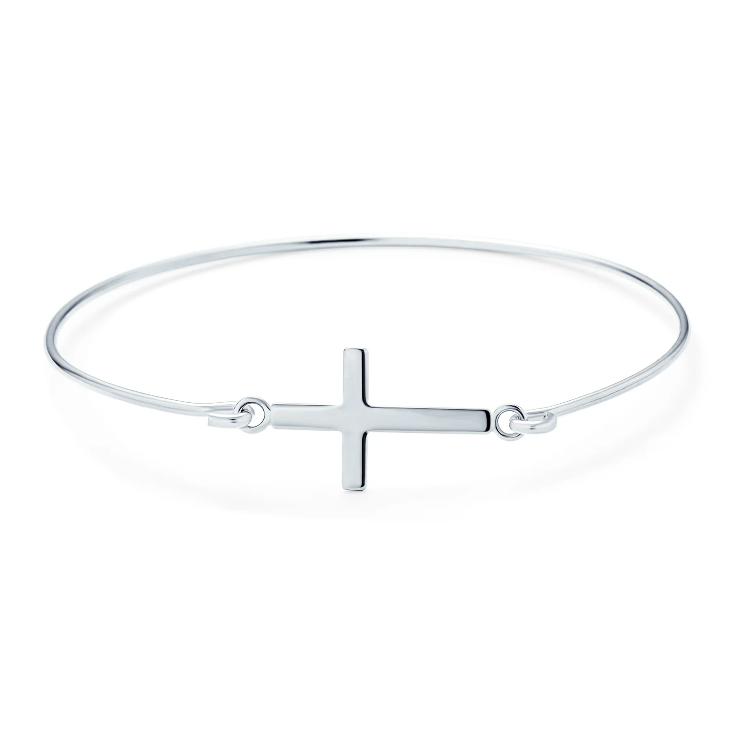 Delicate Simple Religious Sideways Cross Bangle Bracelet .925 Sterling Silver
