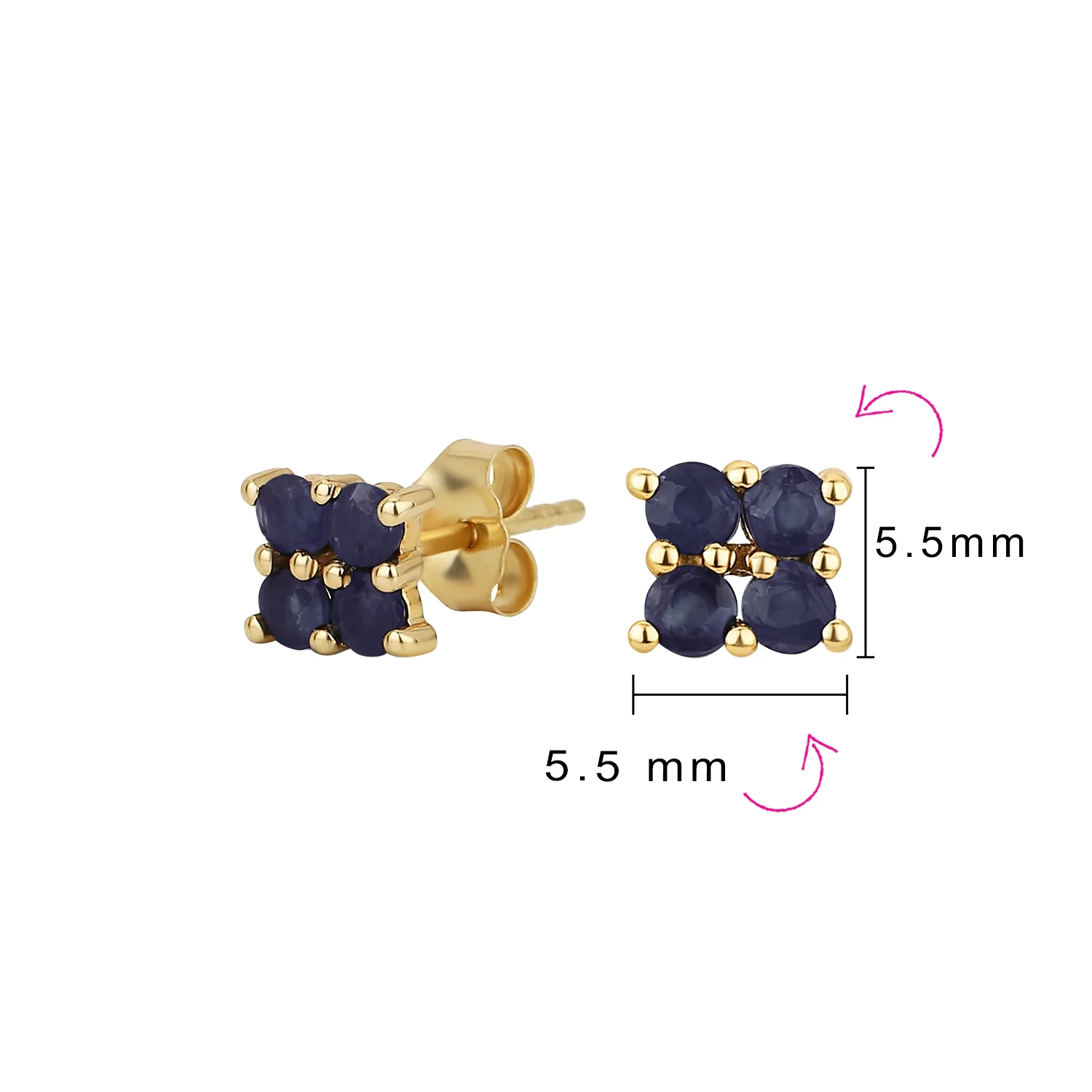 Geometric Square 14K Yellow Gold Natural Cabochon Navy Blue Sapphire Stud Earrings - Image 10