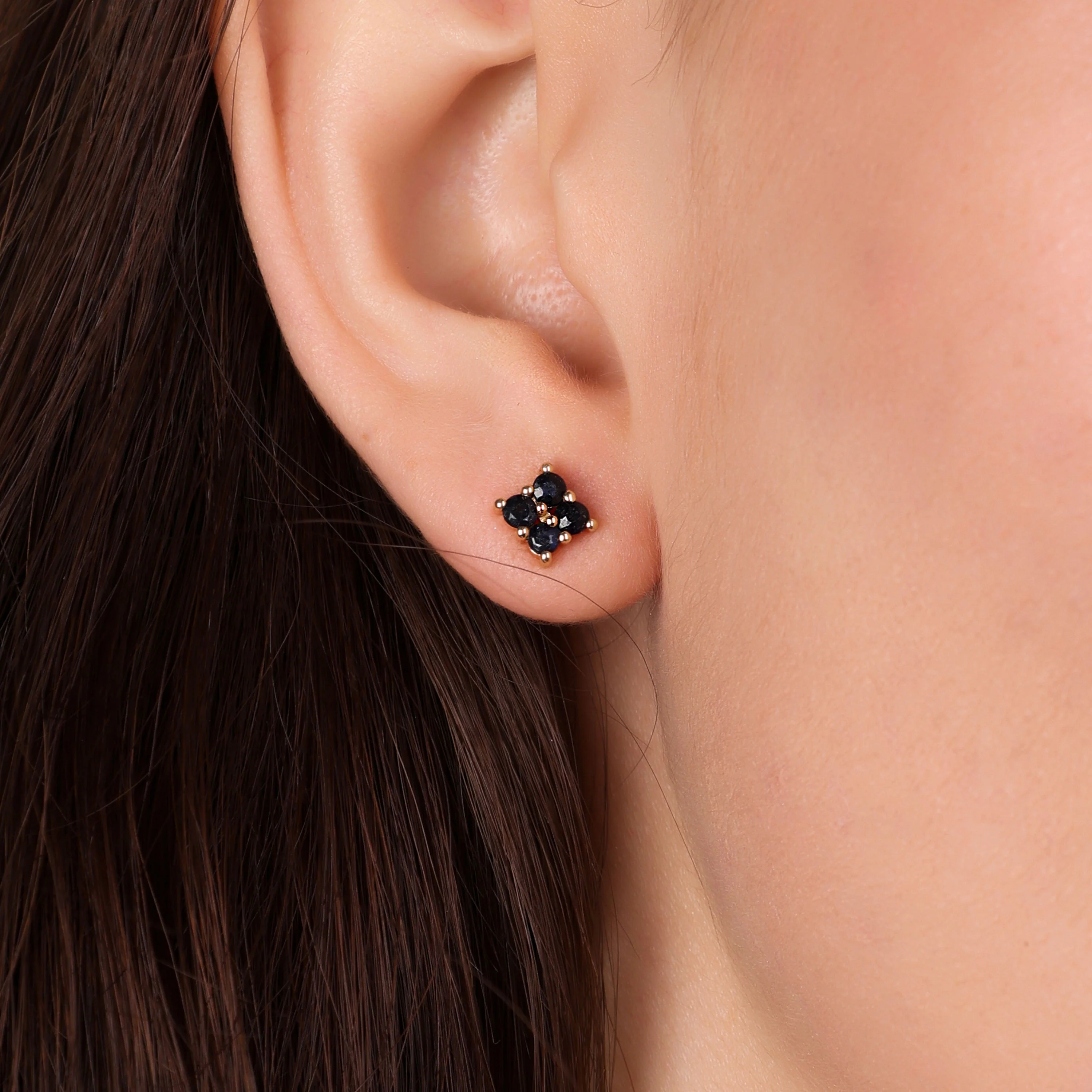 Geometric Square 14K Yellow Gold Natural Cabochon Navy Blue Sapphire Stud Earrings - Image 13