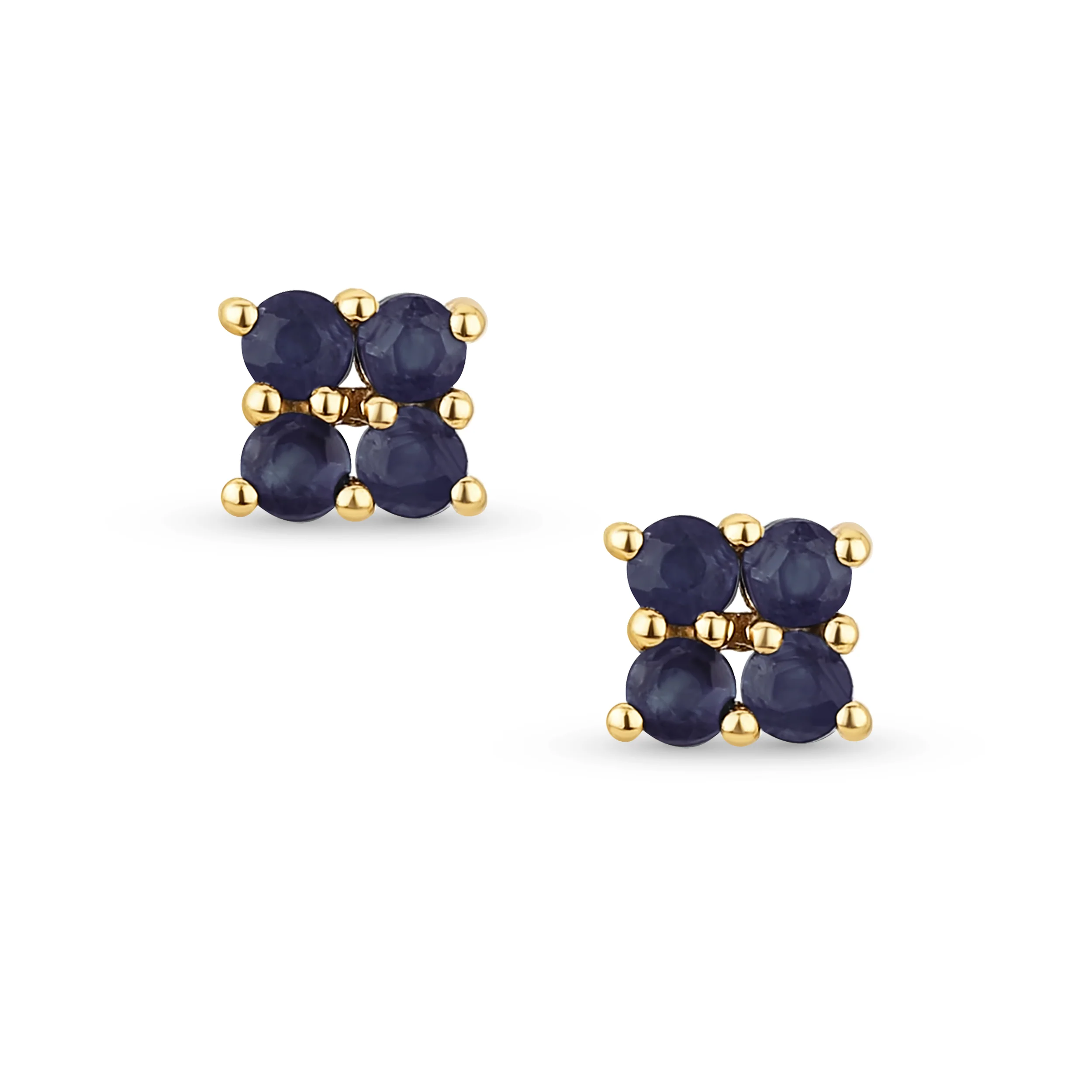 Geometric Square 14K Yellow Gold Natural Cabochon Navy Blue Sapphire Stud Earrings - Image 4