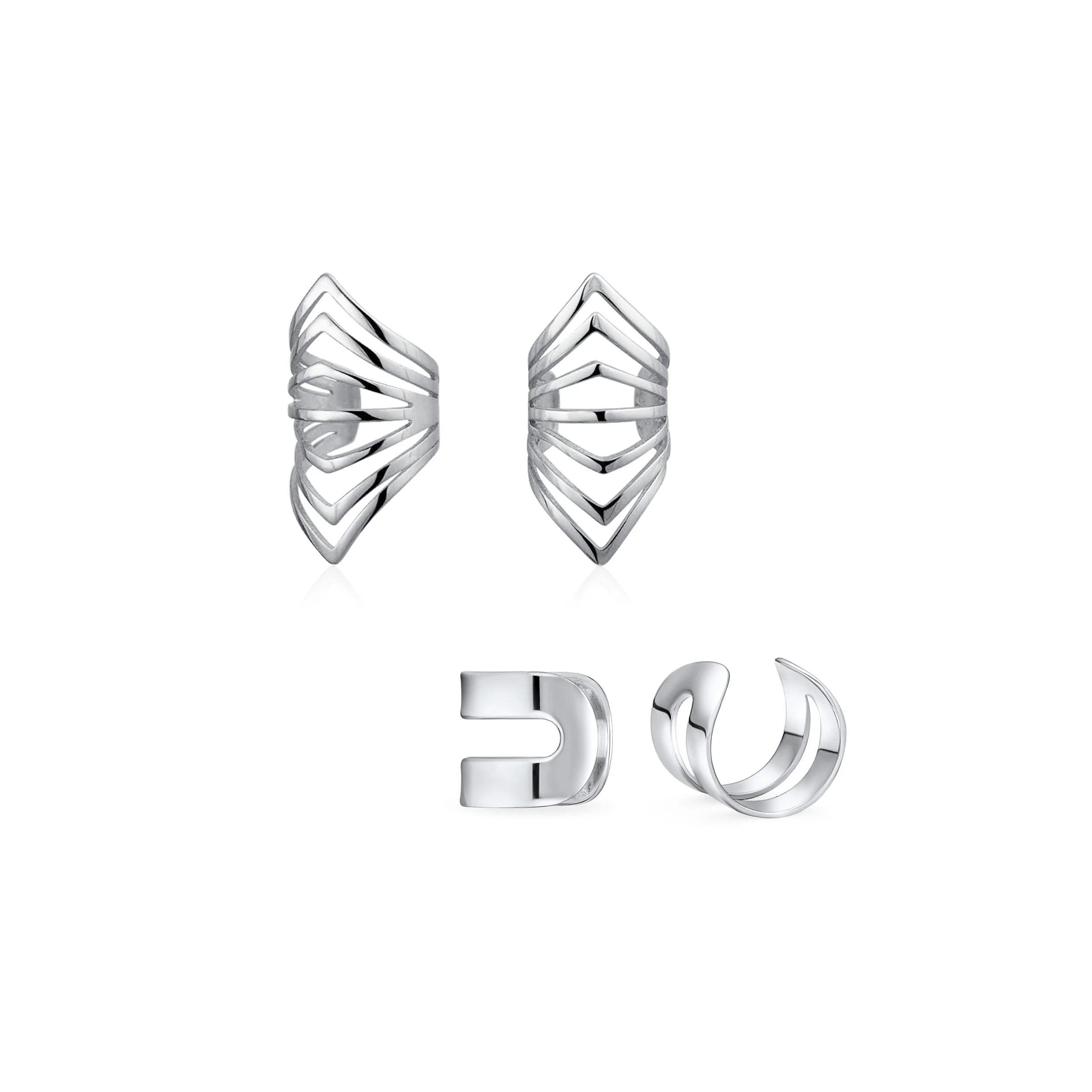 Set of 2 Tiny Chevron Ear Cuff Cartilage Clip Wrap Helix Silver For Non-Pierced