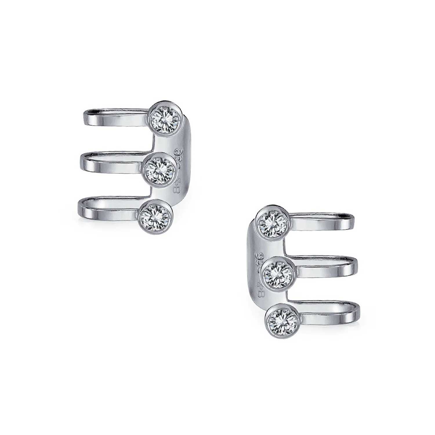 Minimalist Geometric CZ Bezel Triple Band Ear Cuff Cartilage Earrings Silver - Image 2