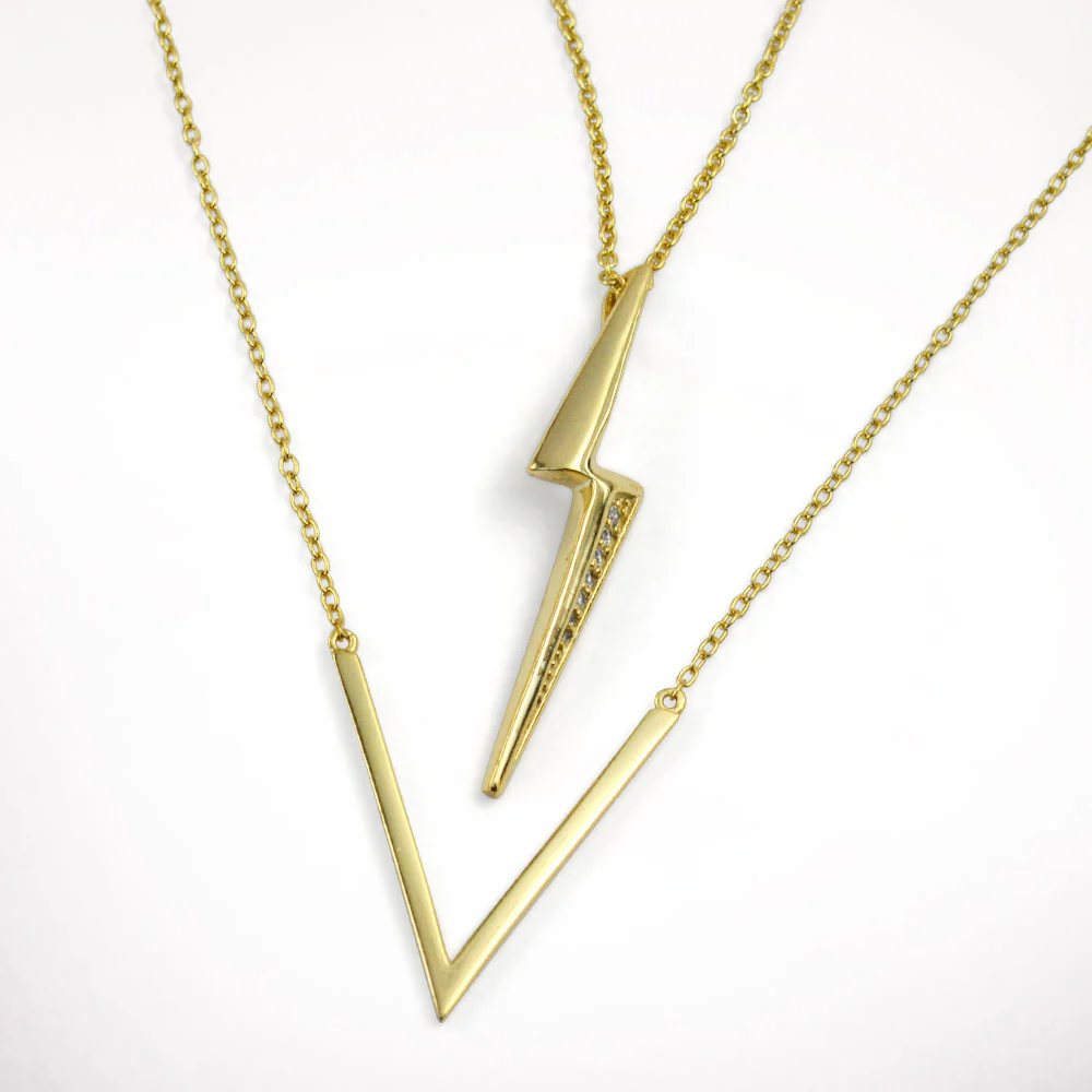 Minimalist Geometric Lightning Bolt Pendant Necklace 14K Gold Plated Silver - Image 3