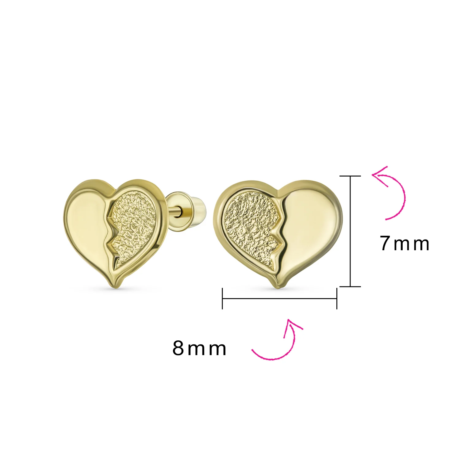 Minimalist 10K Yellow Gold Split Heart Stud Earrings with Secure Screw Back 8MM - Image 4