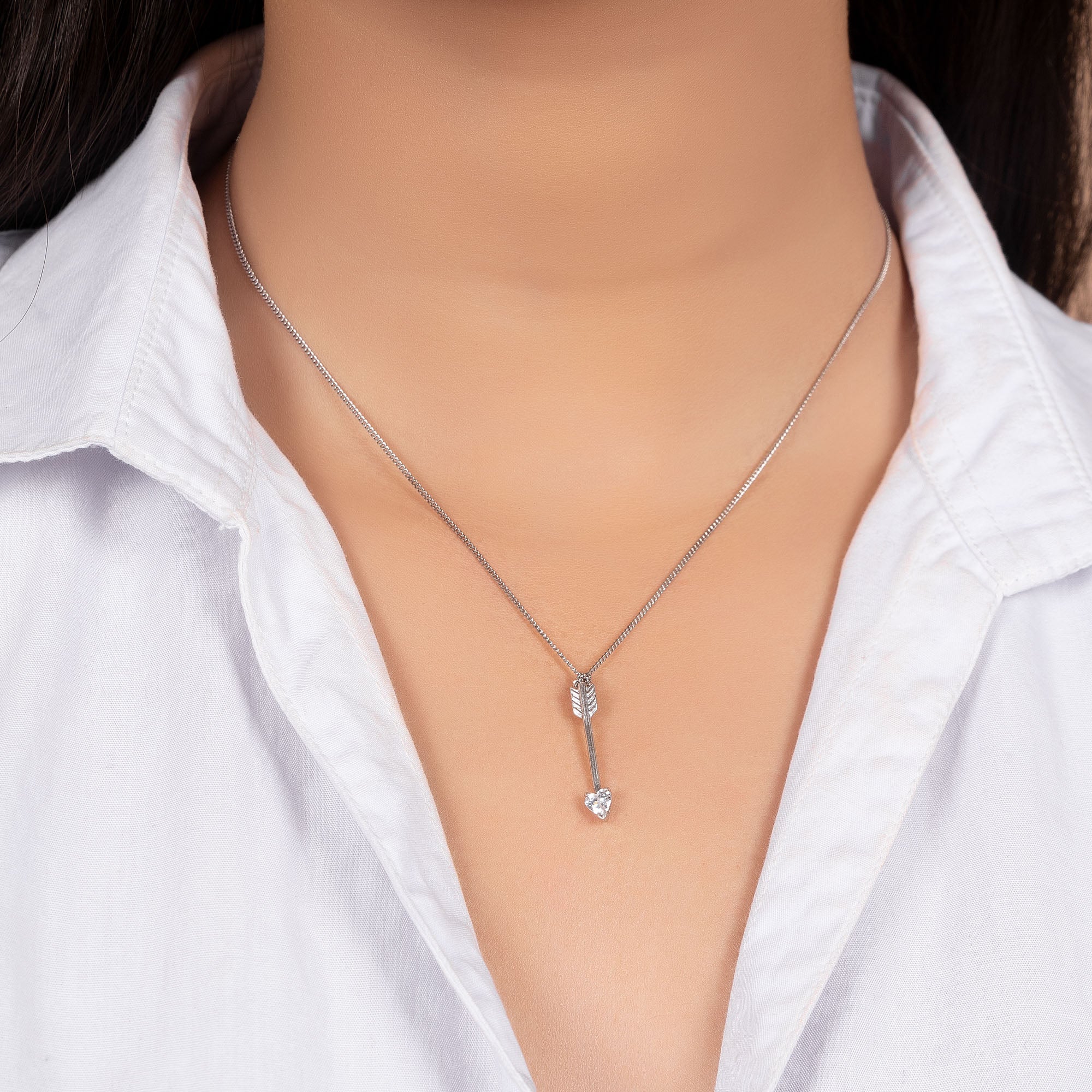 Romantic Love Heart Shape Cubic Zirconia CZ Tip Arrow Pendant Necklace Sterling Silver - Image 3