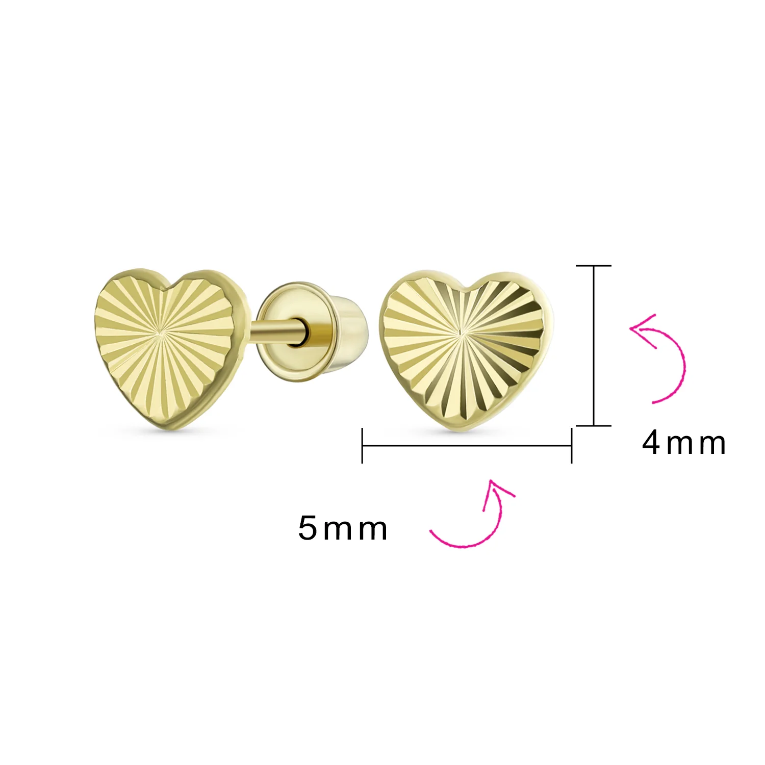 Minimalist 10K Yellow Gold Heart Stud Earrings with Secure Screw Back, 4MM - Image 4