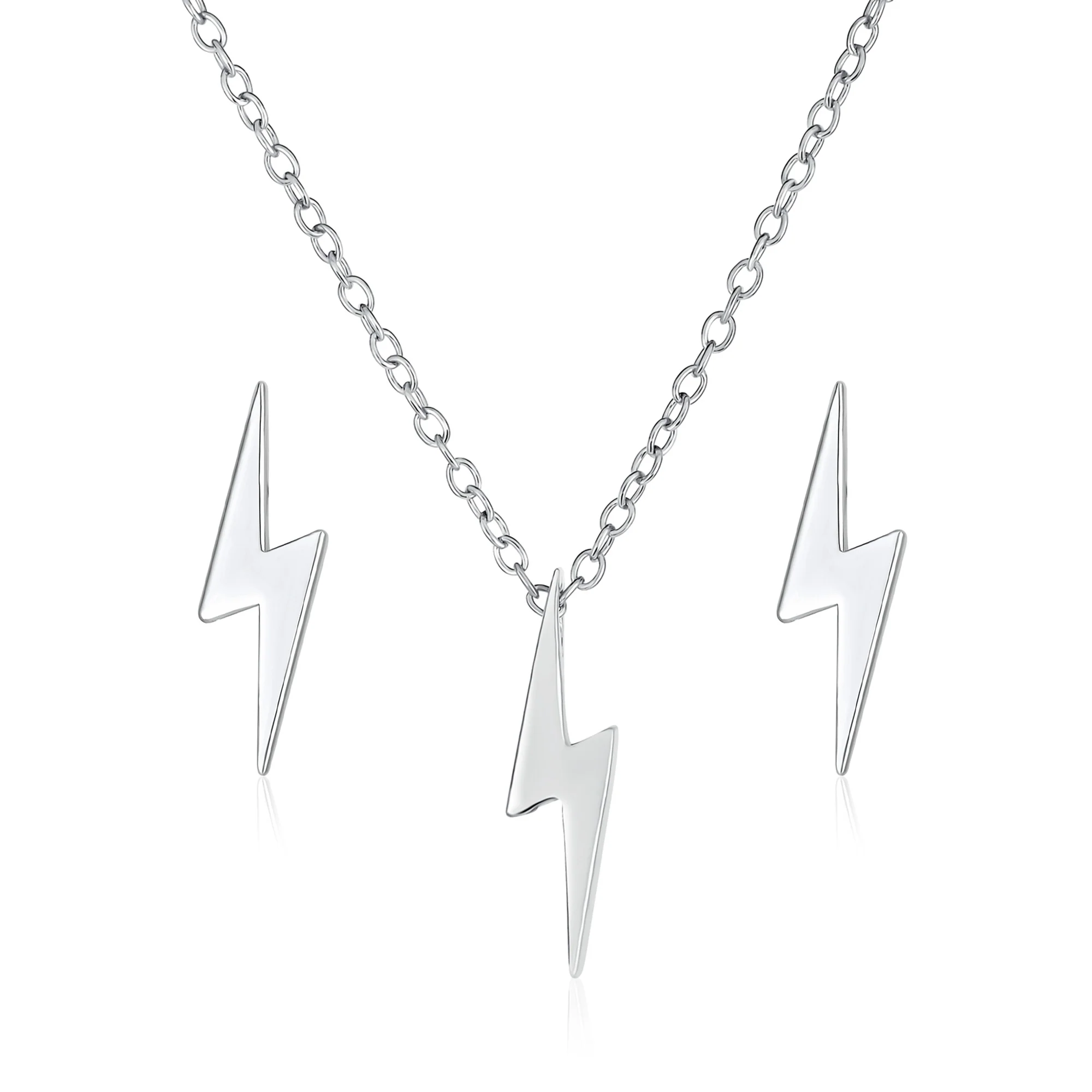 Minimalist Lightning Bolt Pendant Necklace and Stud Earrings Set Sterling Silver