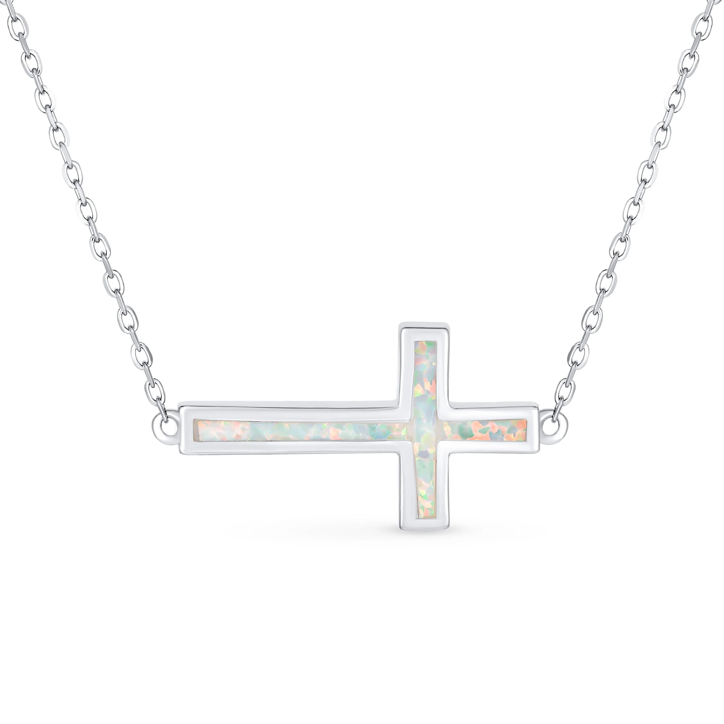Minimalist White Opal Inlay Cross Pendant Necklace for Teens in Sterling Silver