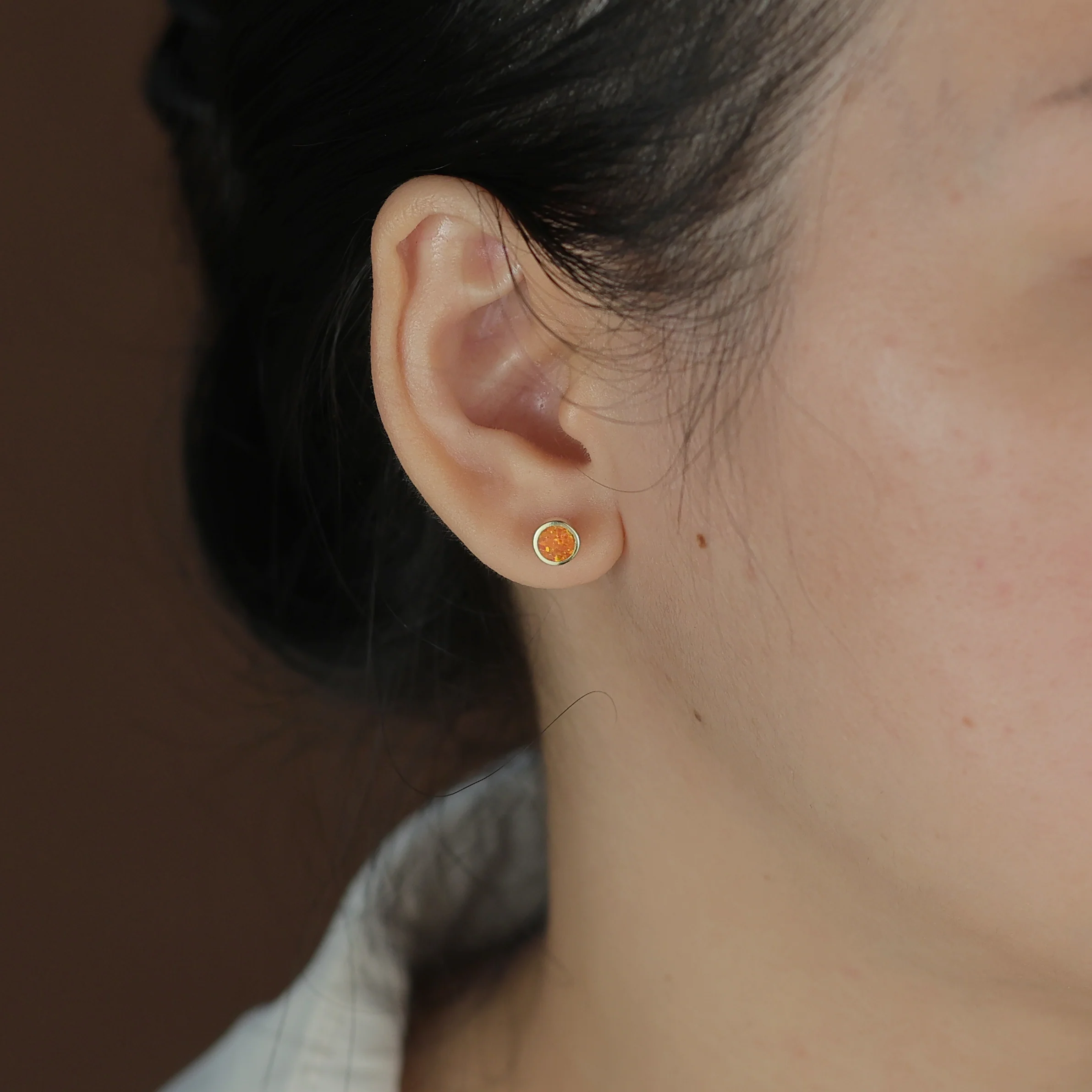 Minimalist Round Orange Fire Opal Stud Earrings Gold Plated - Image 5