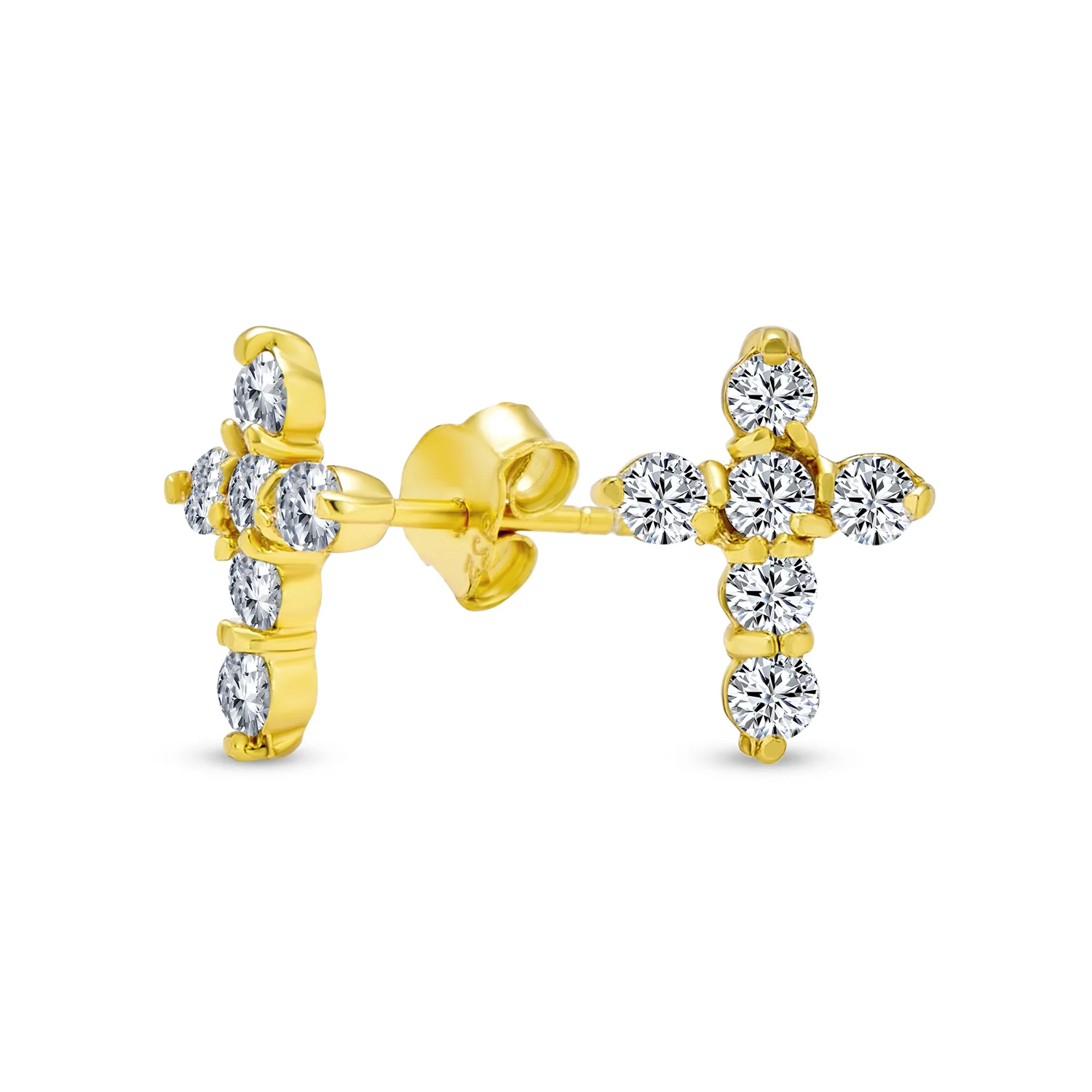 Petite Religious CZ Cross Stud Earrings in Gold Plated Sterling Silver