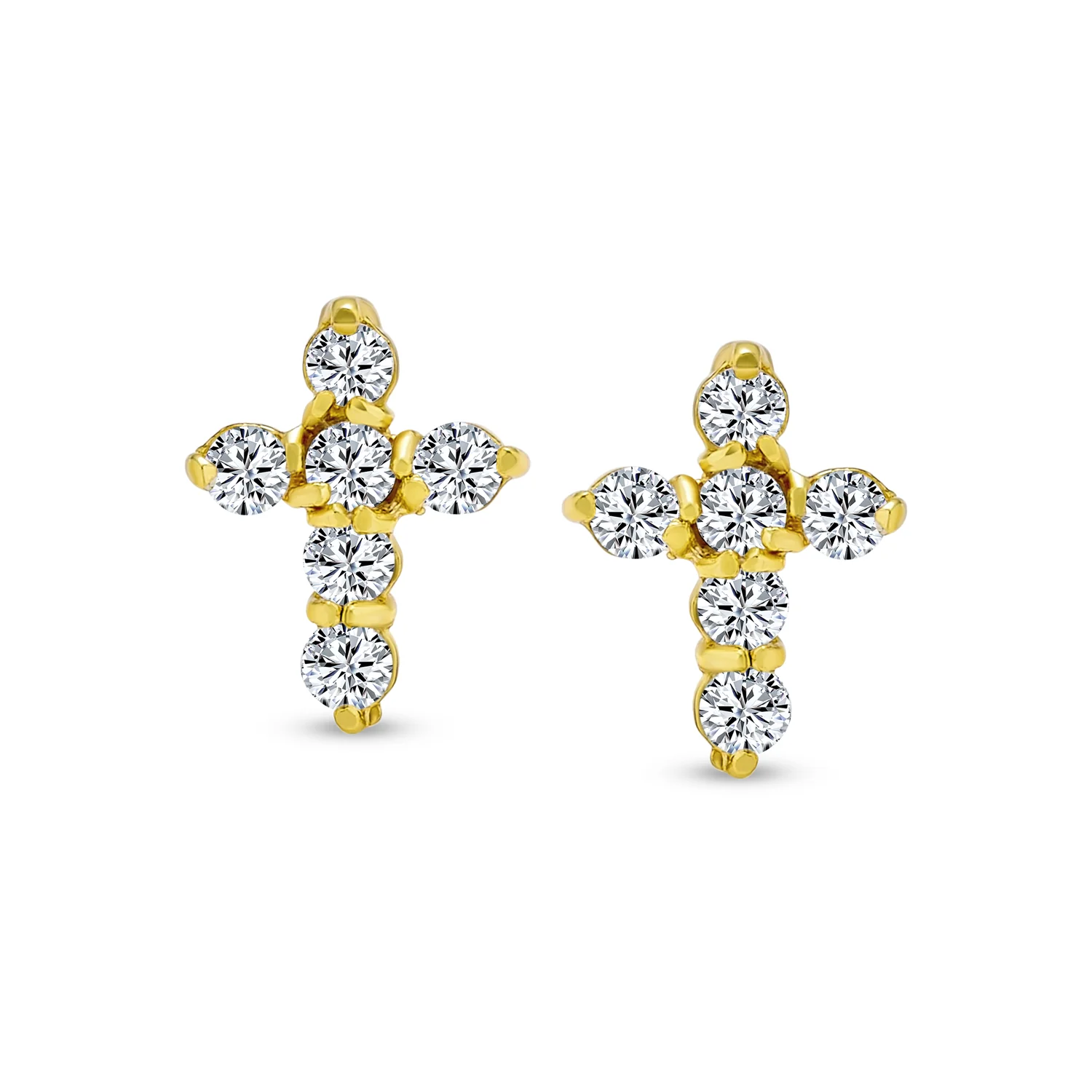 Petite Religious CZ Cross Stud Earrings in Gold Plated Sterling Silver - Image 3