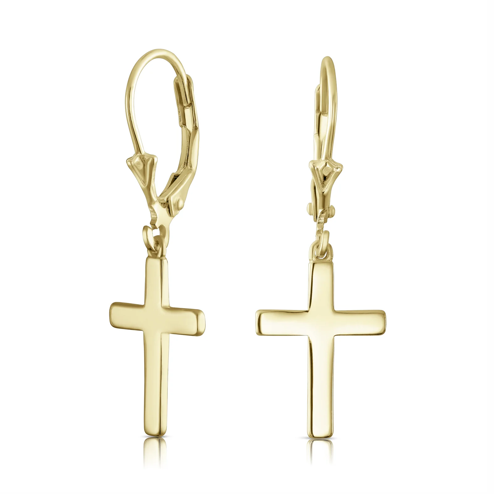 Minimalist Religious Cross Dangle Earrings 14K Gold Plated Sterling Silver Leverback - Image 2