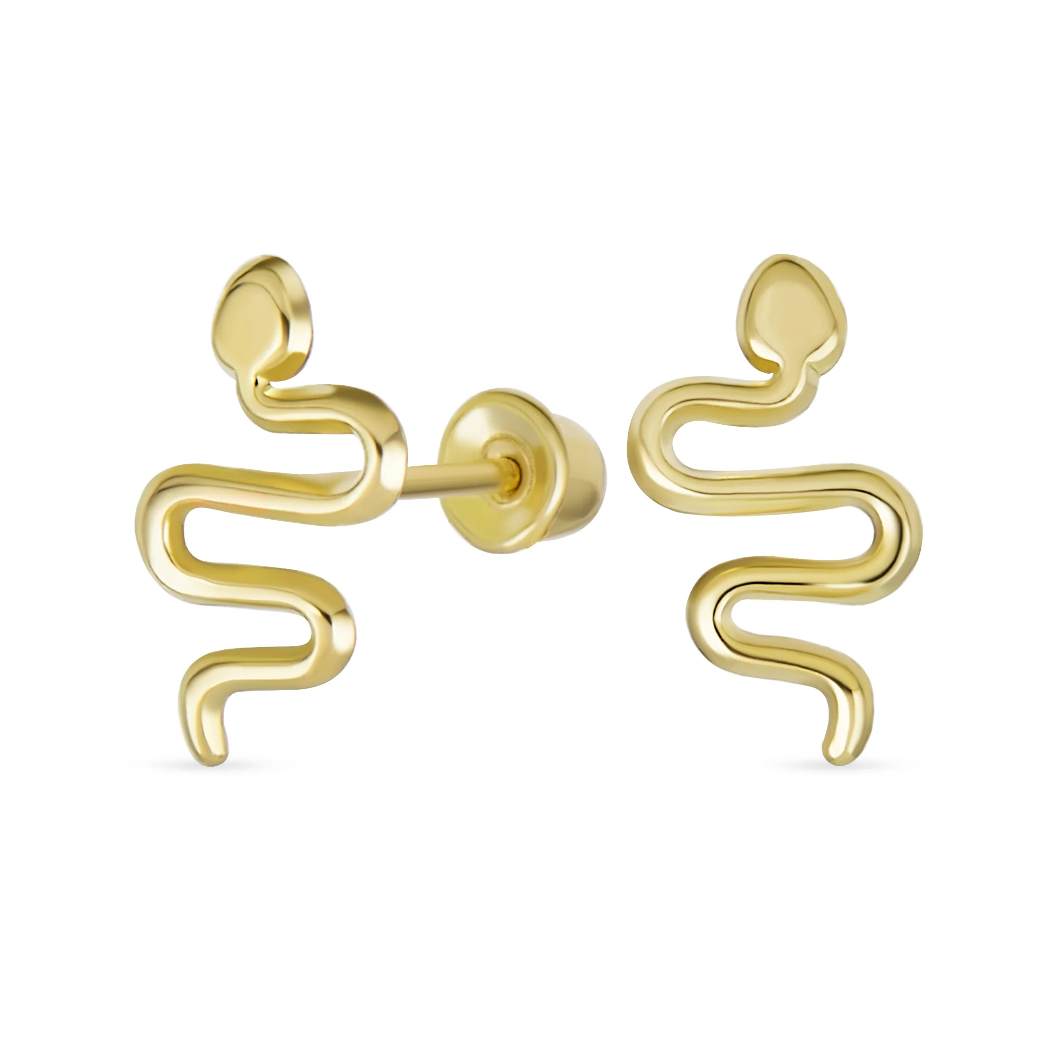 Minimalist Snake Stud Earrings in 14K Yellow Gold with Safety Clutch Screw Back