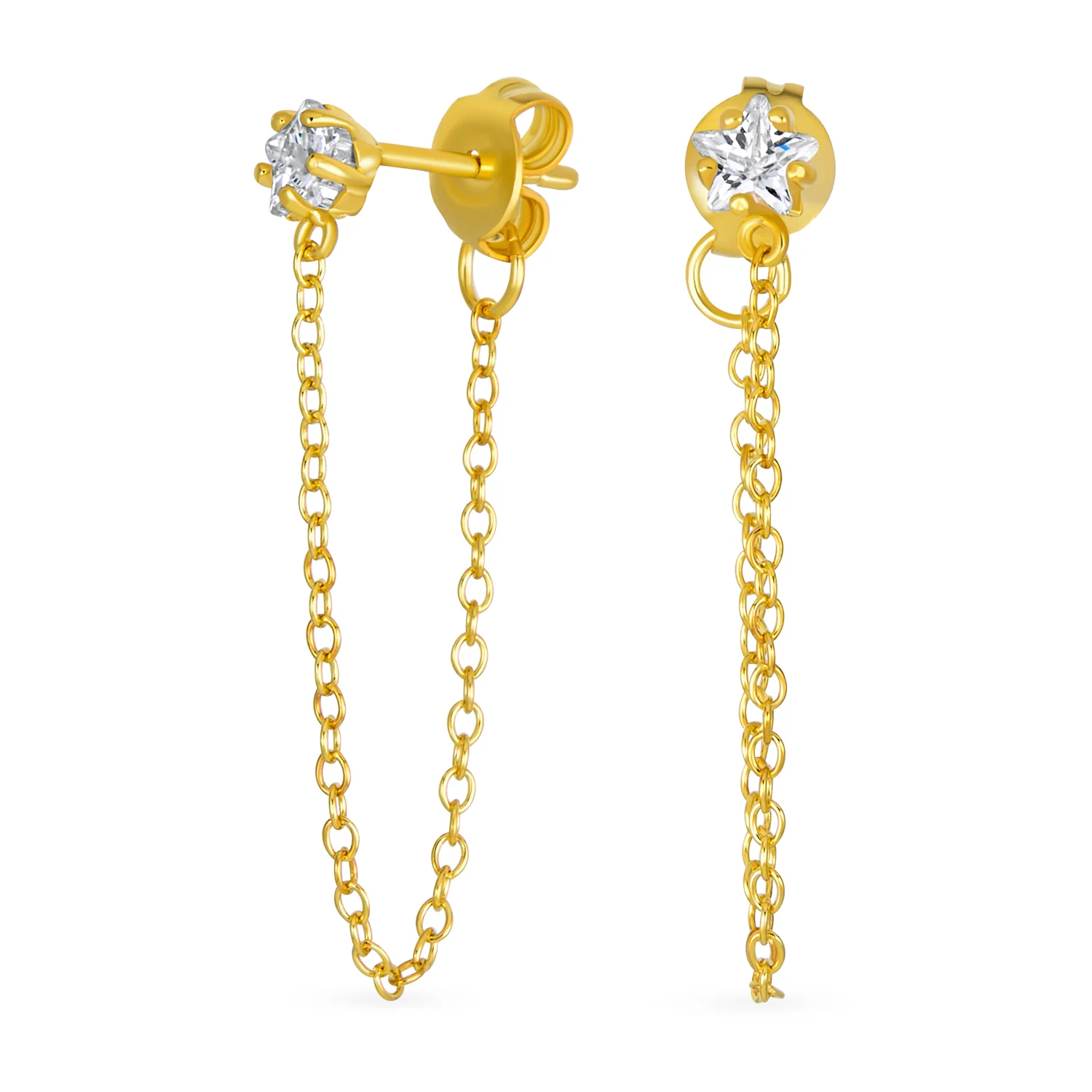 Minimalist 4MM Star CZ Stud Earrings with Delicate Chain in 14K Gold or Silver - Image 2