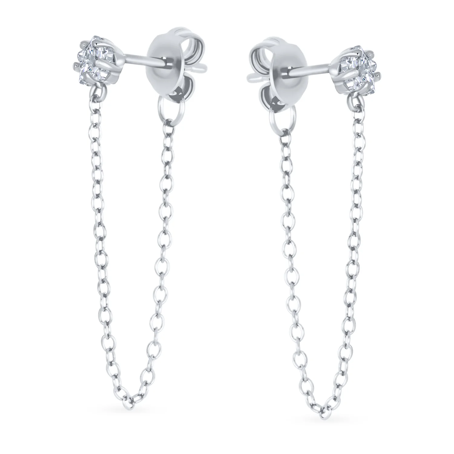 Minimalist 4MM Star CZ Stud Earrings with Delicate Chain in 14K Gold or Silver - Image 3