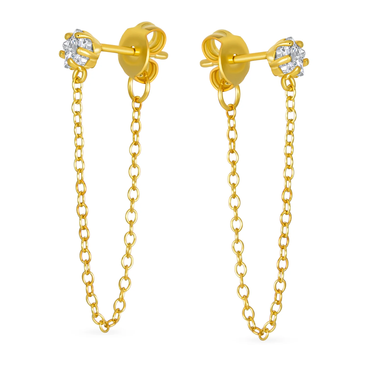 Minimalist 4MM Star CZ Stud Earrings with Delicate Chain in 14K Gold or Silver - Image 4