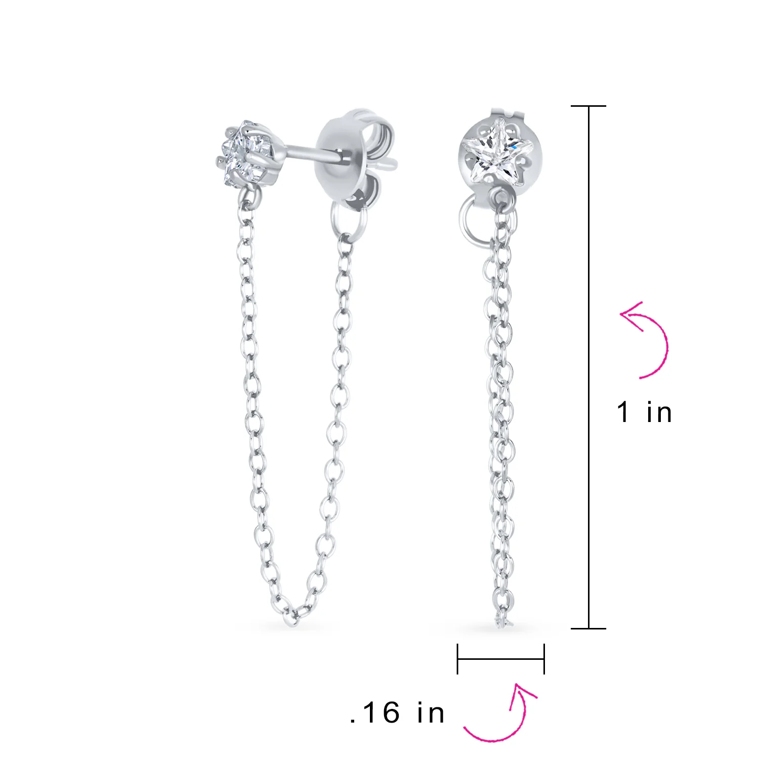 Minimalist 4MM Star CZ Stud Earrings with Delicate Chain in 14K Gold or Silver - Image 7