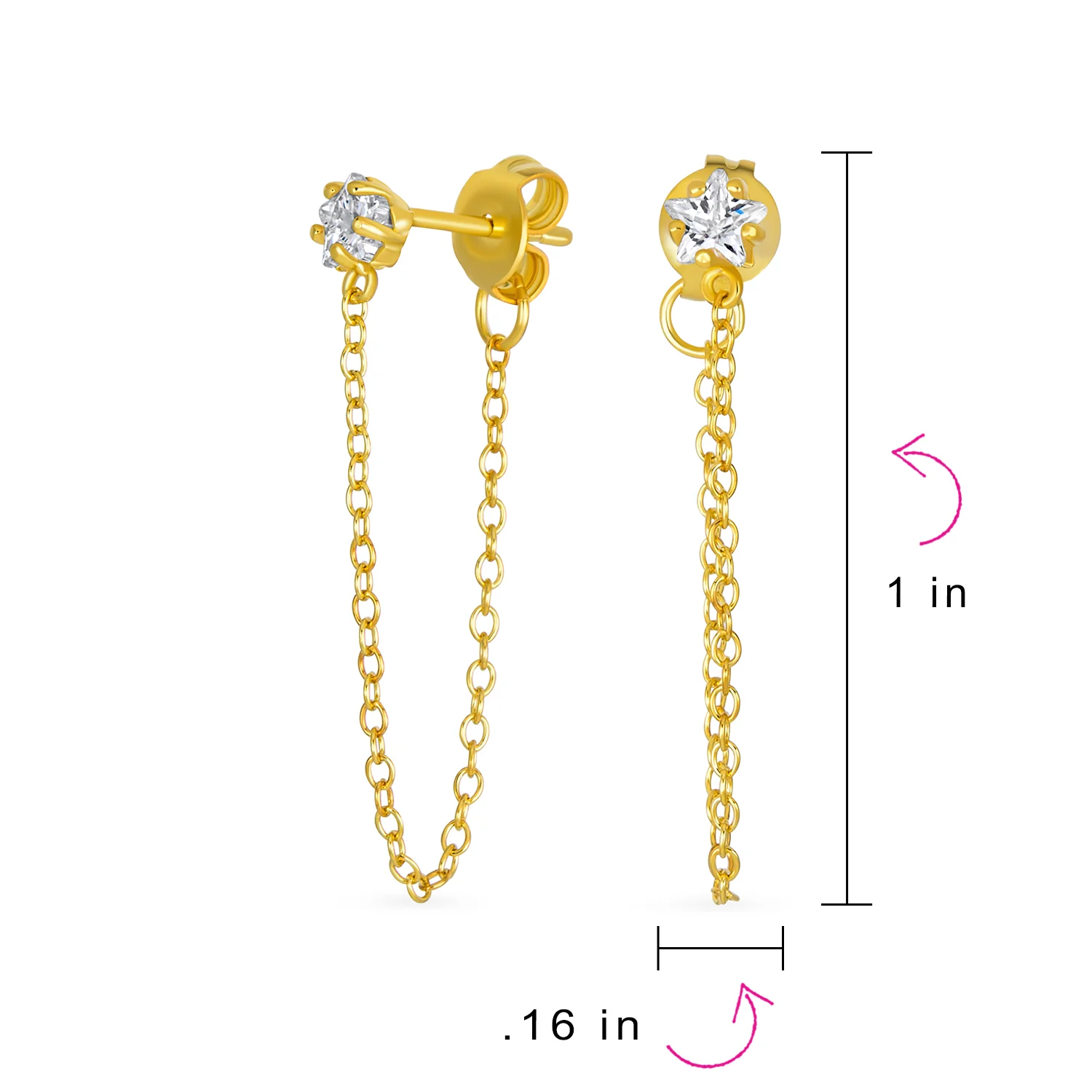 Minimalist 4MM Star CZ Stud Earrings with Delicate Chain in 14K Gold or Silver - Image 8