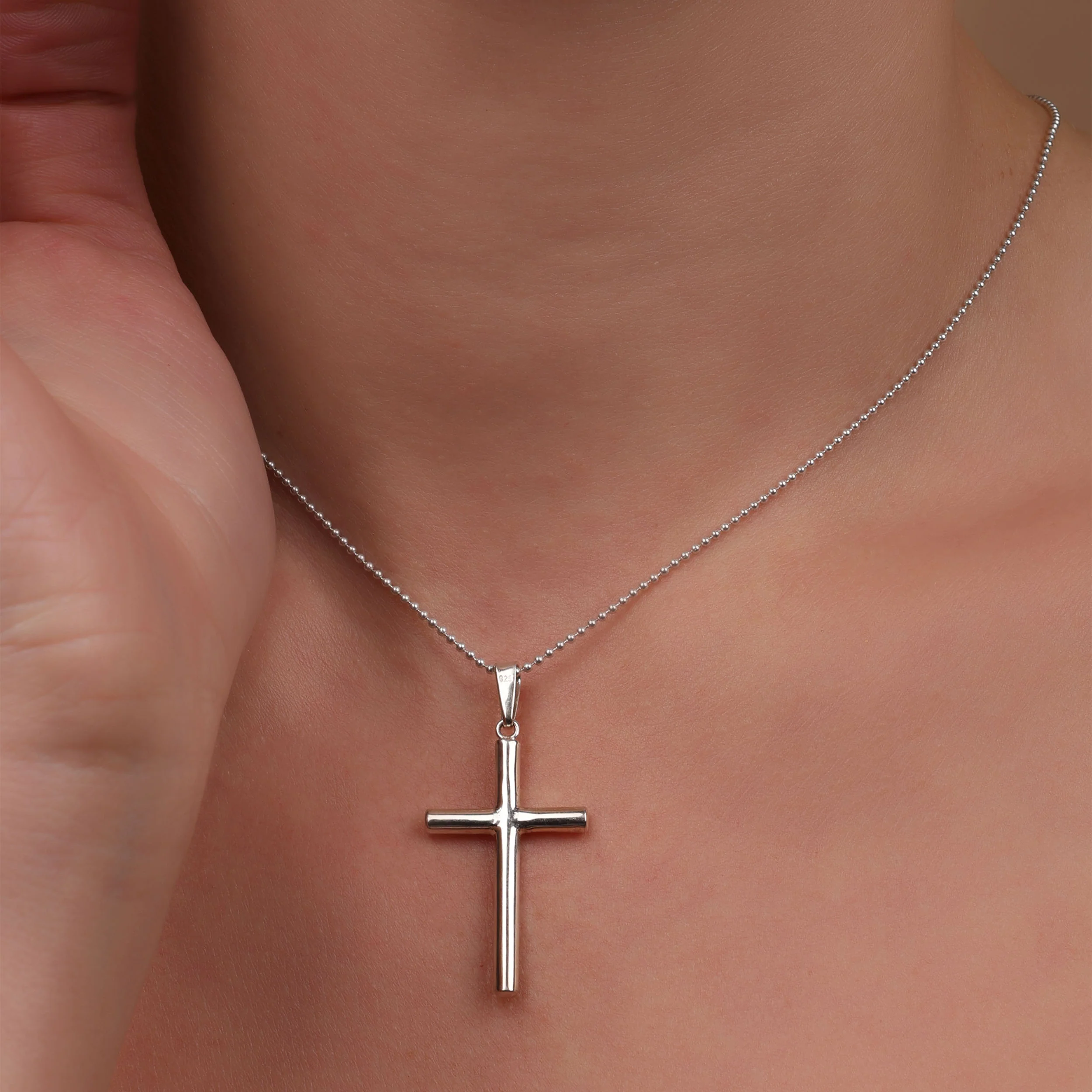 Minimalist Tube Cross Pendant Necklace Polished Silver - Image 4