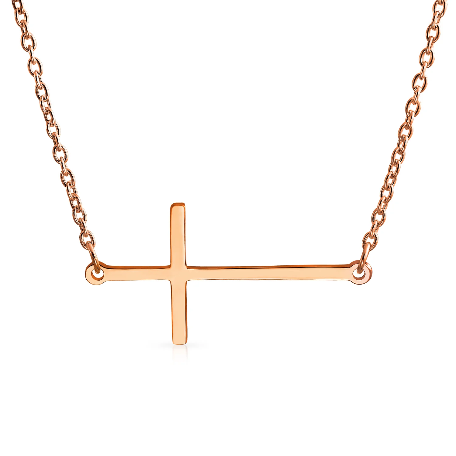 Religious Simple Sideways Cross Necklace Station Pendant .925 Sterling Silver - Image 2