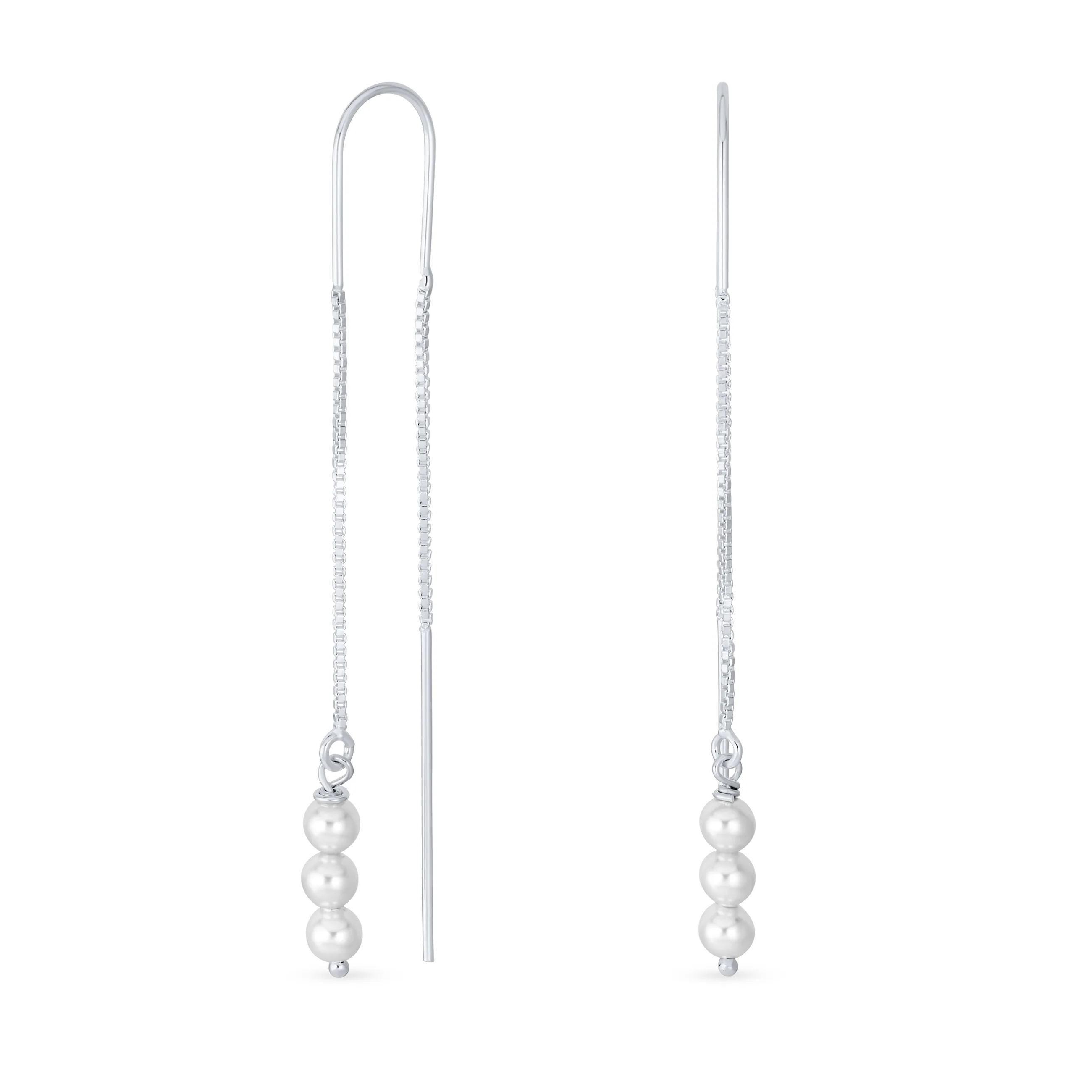 Long Wire Hook Dangle Earrings with Three Simulated White Pearls Sterling Silver
