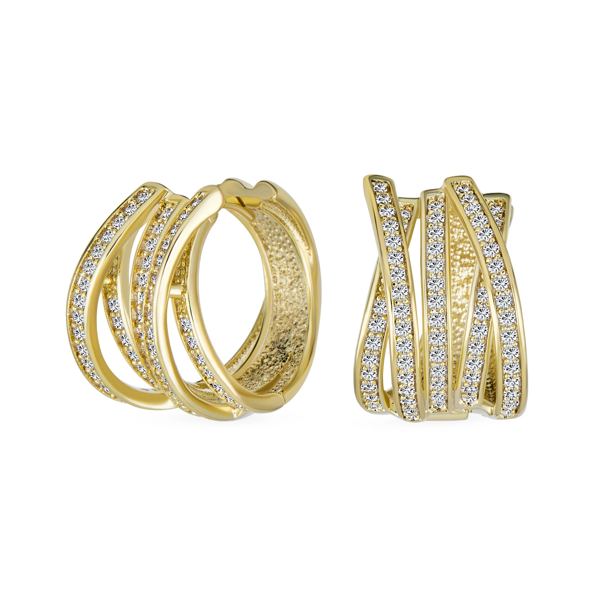 Elegant Micro Pave CZ Wide Open Criss Cross Huggie Hoop Earrings Gold Plated