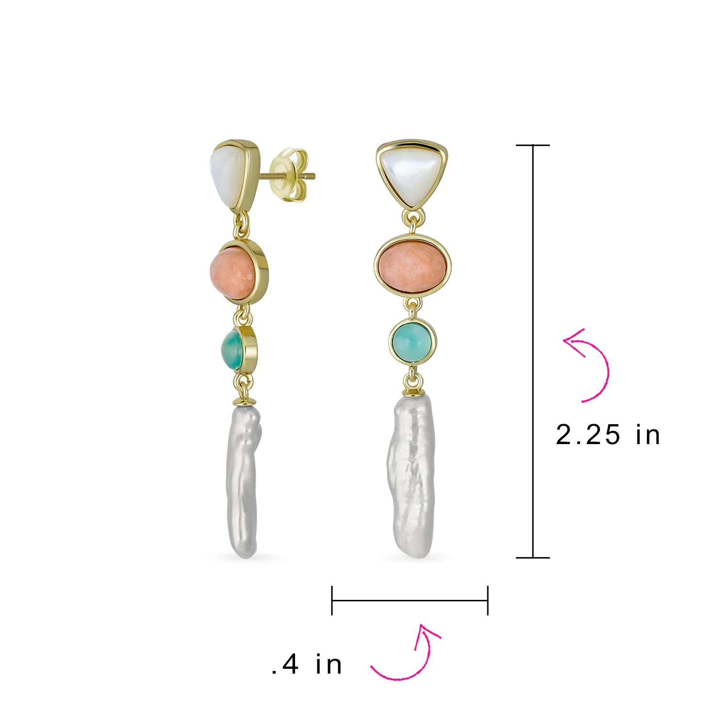 Multicolor Pink Green Gemstone & White Freshwater Cultured Baroque Pearl Elongated Dangle Earrings - Image 4