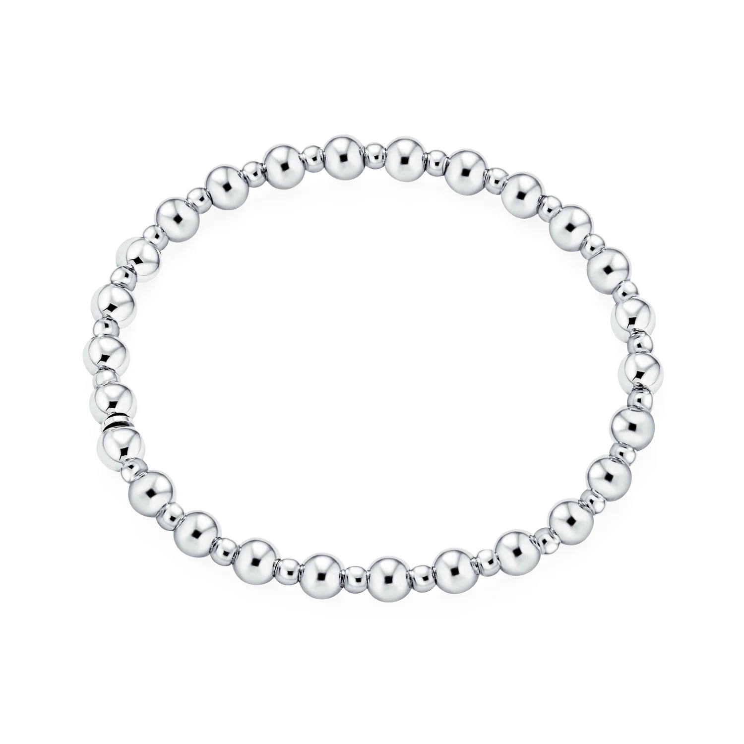 Classic Round Alternating 3-5MM Ball Bead Stretch Bracelet .925 Sterling Silver - Image 2