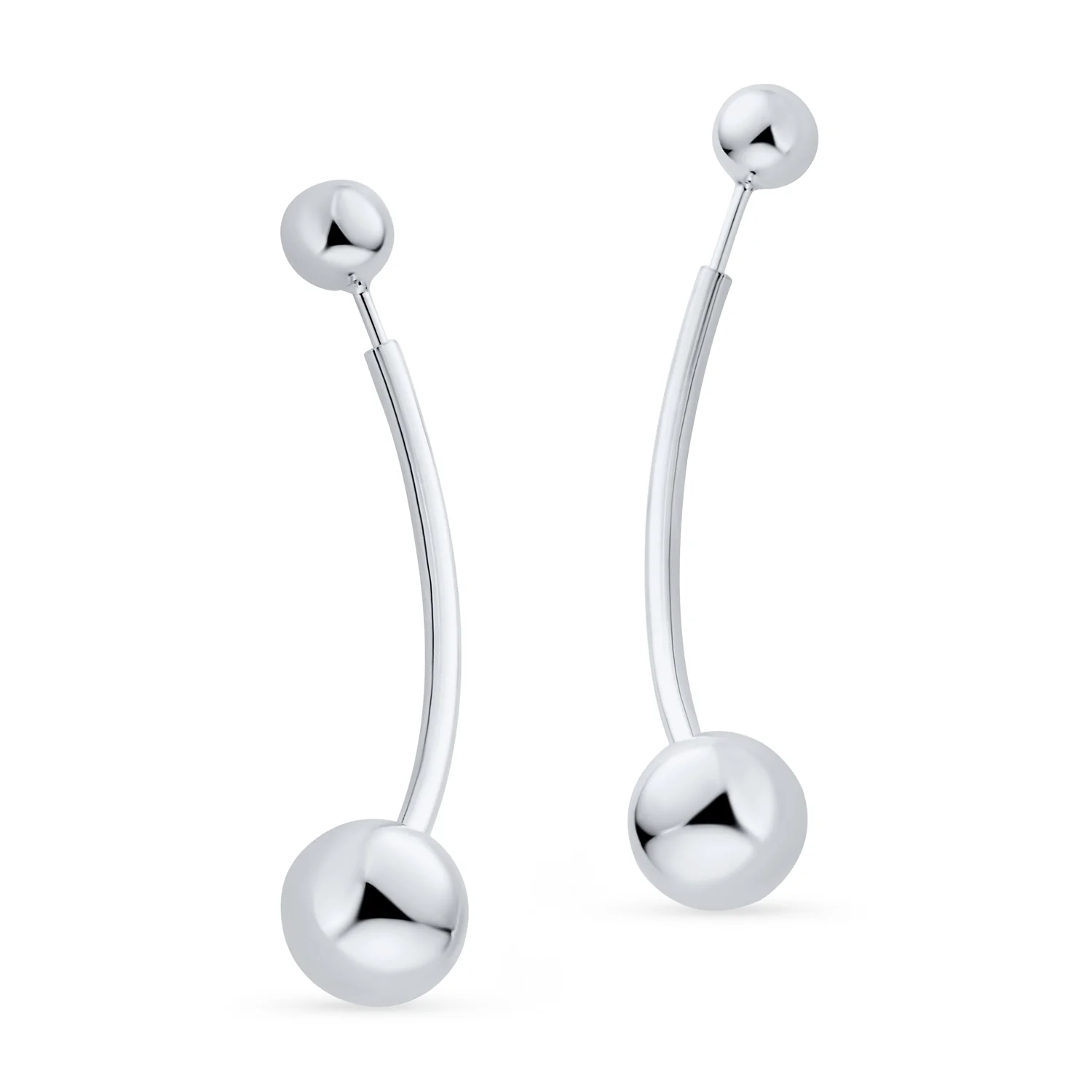 Modern Geometric Long Bar Double Bead Ball Drop Earrings .925 Sterling Silver - Image 2