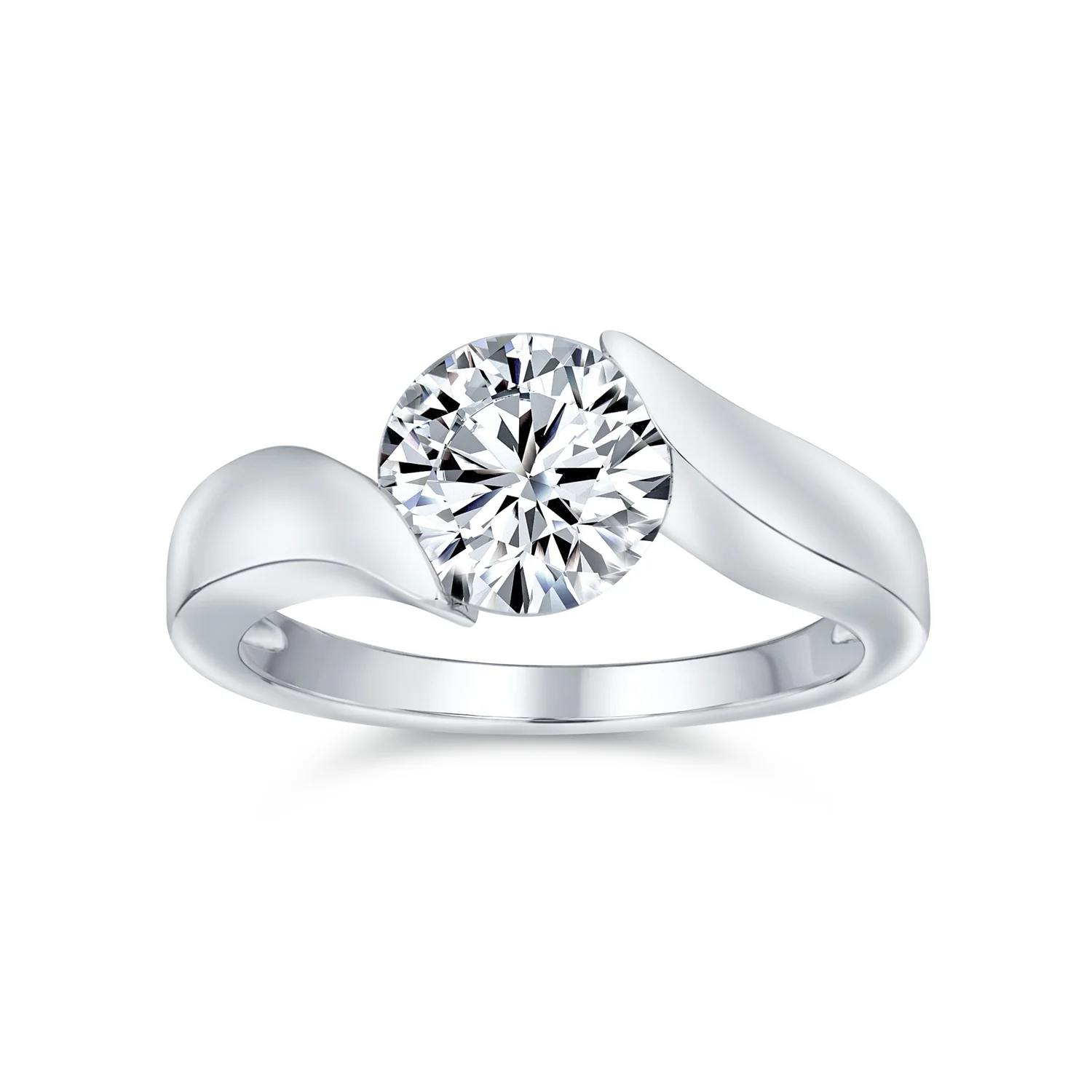 Modern 3CT Round CZ Tension Set Solitaire Engagement Ring with Plain Band in .925 Sterling Silver - Image 2