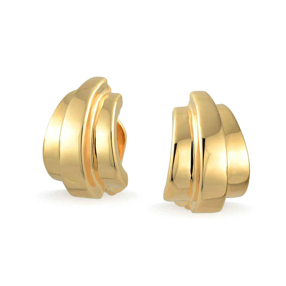 Geometric Shrimp Half Hoop Clip On Earrings For Non Pierced Ears Polished Yellow Gold Plated