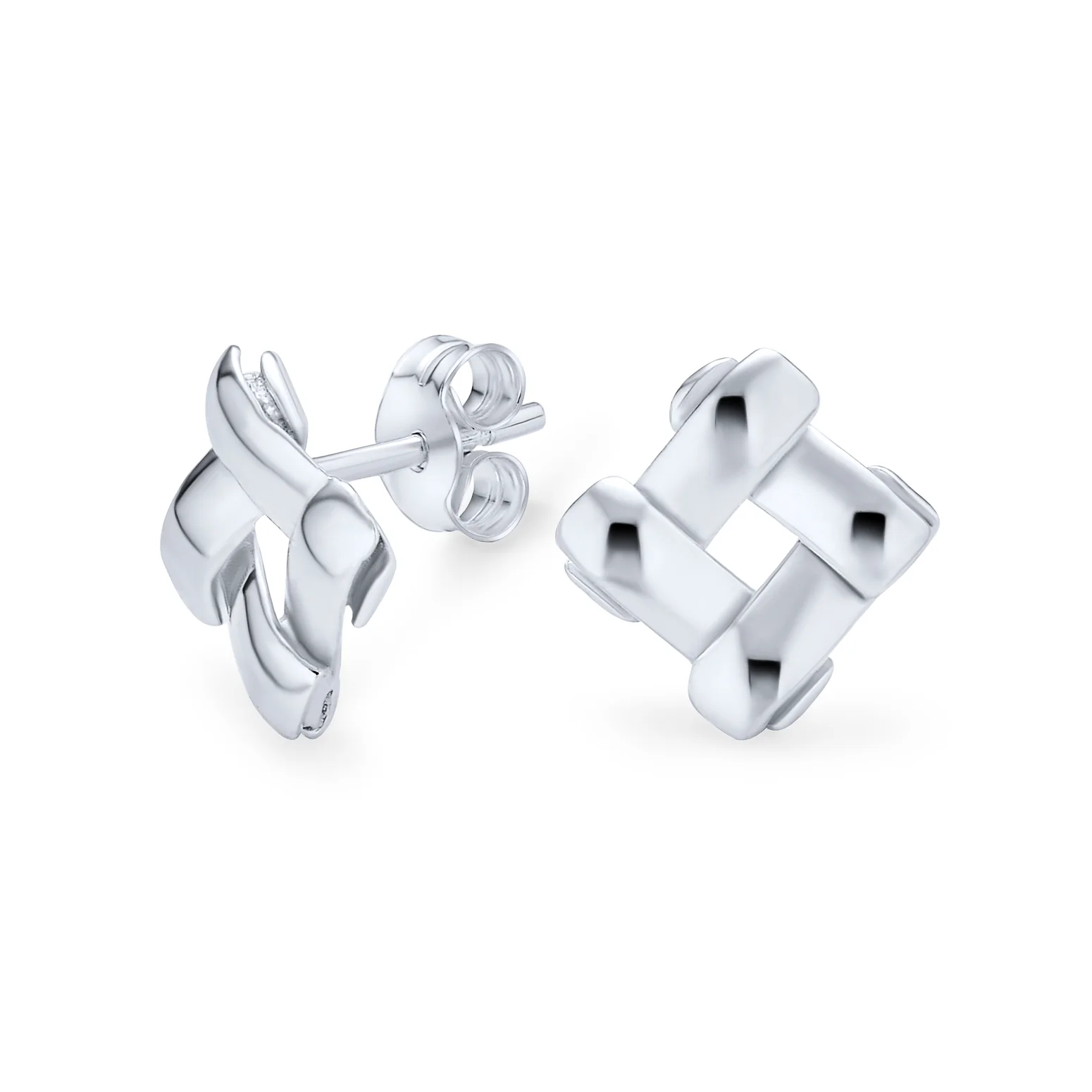 Modern Simple Geometric Square Open Basket Weave Stud Earrings Plain Sterling Silver
