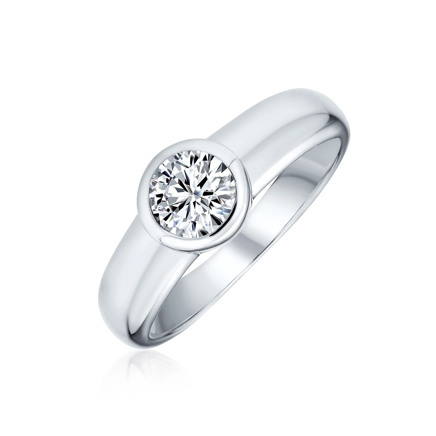 Modern Simple 1CT Cubic Zirconia CZ Bezel Set Round Solitaire Engagement Ring .925 Sterling Silver