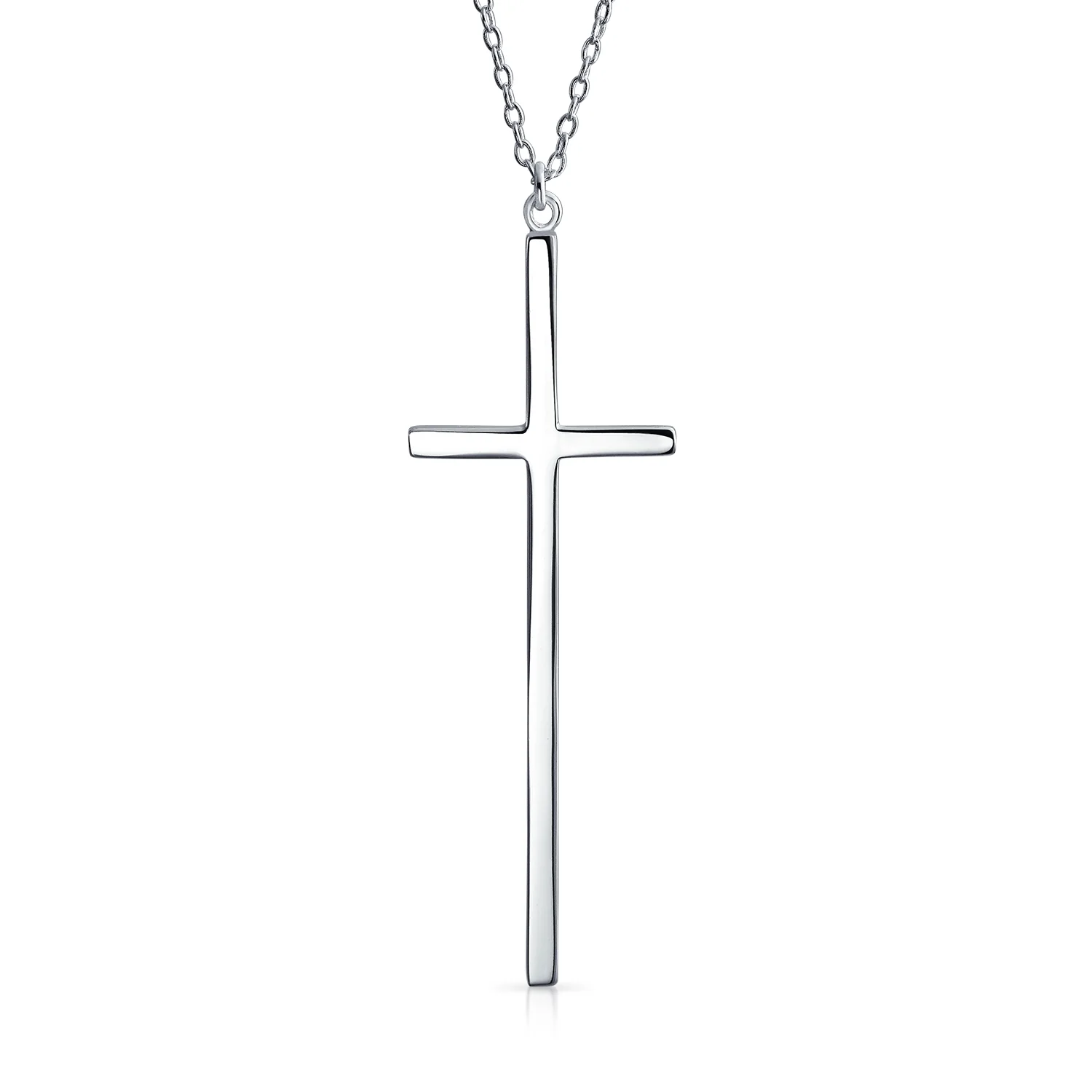 Modern Simple Long Thin Religious Cross Pendant Necklace Gold Plated .925 Sterling Silver
