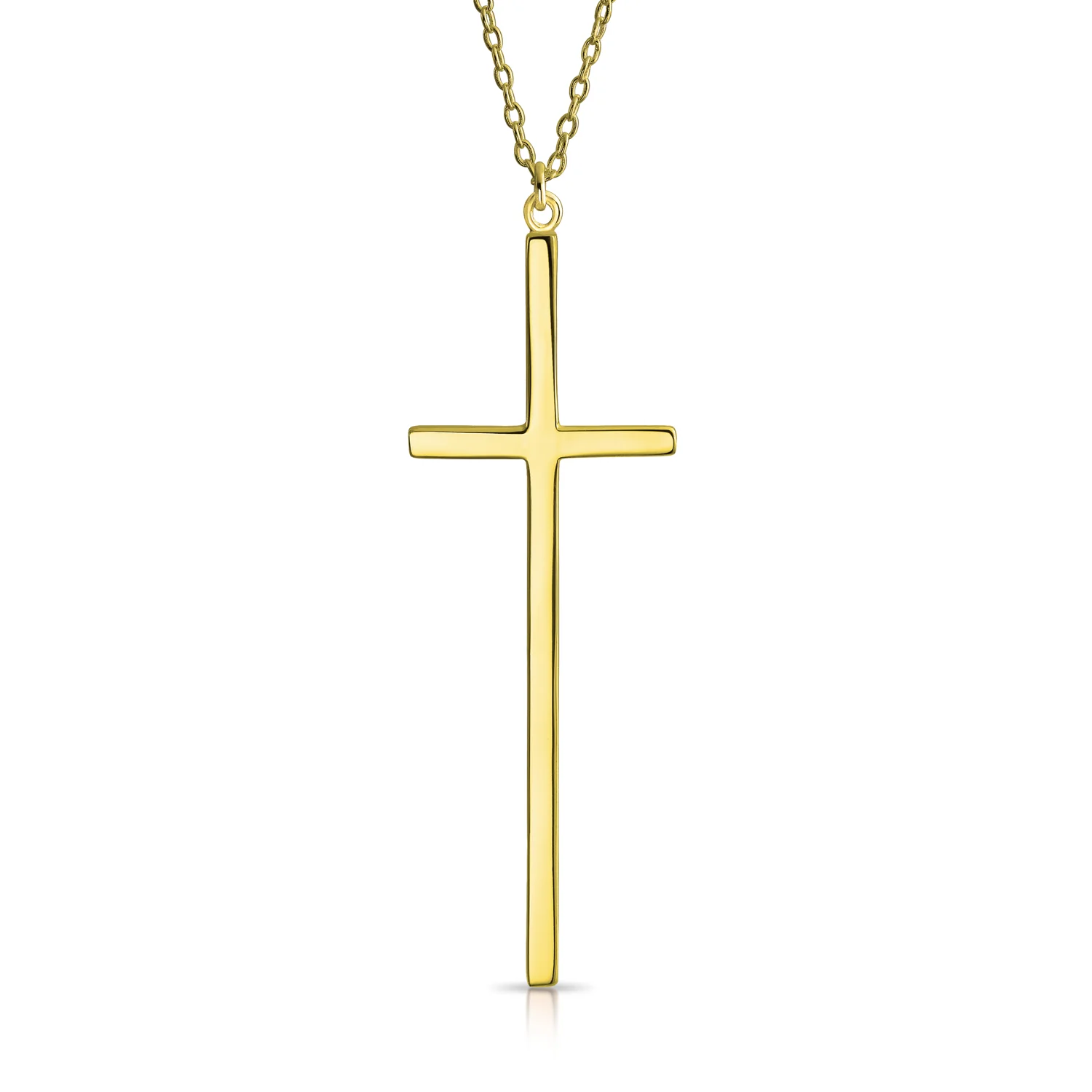 Modern Simple Long Thin Religious Cross Pendant Necklace Gold Plated .925 Sterling Silver - Image 3