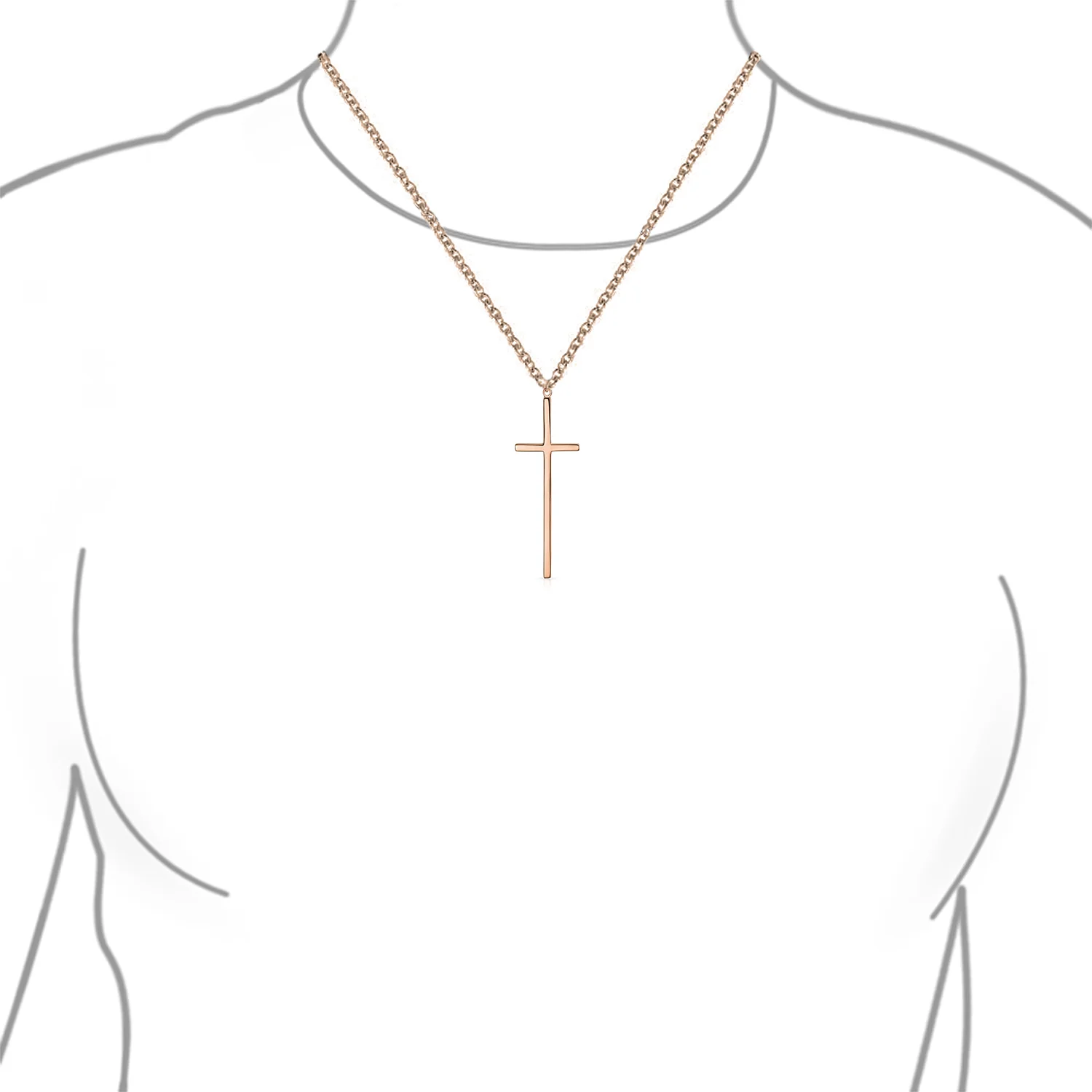 Modern Simple Long Thin Religious Cross Pendant Necklace Gold Plated .925 Sterling Silver - Image 5
