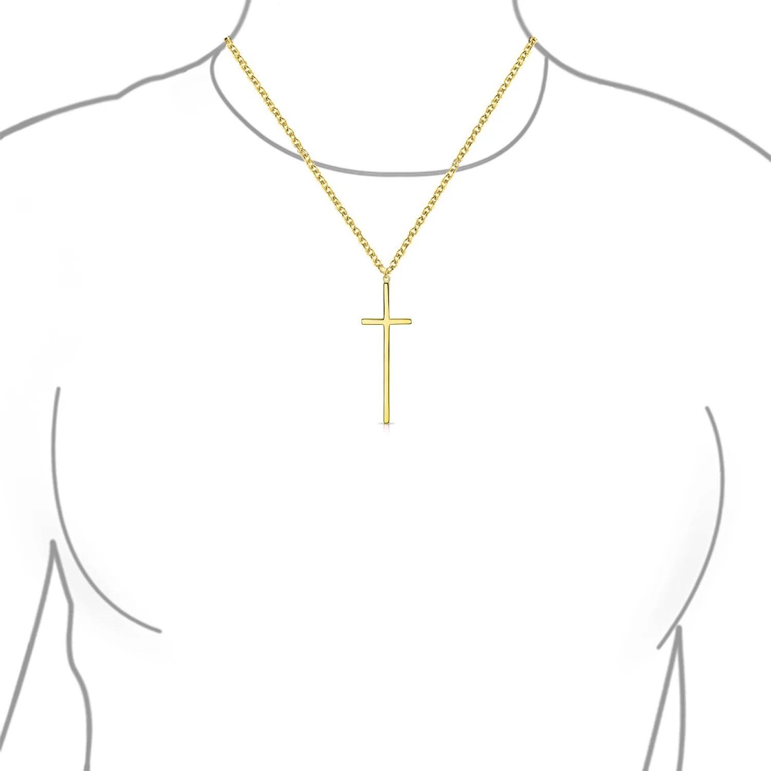 Modern Simple Long Thin Religious Cross Pendant Necklace Gold Plated .925 Sterling Silver - Image 6