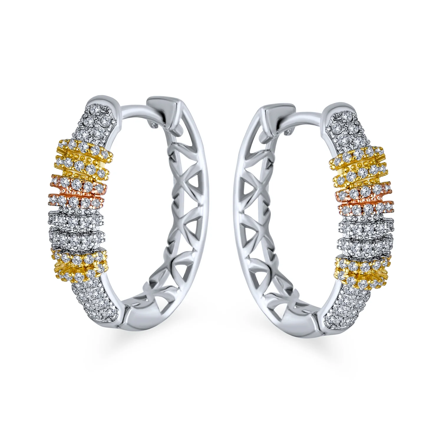 Tri-Color Pave CZ Accent Rose Gold Silver Statement Hoop Earrings .75 Inch Diameter Silver Plated - Image 2