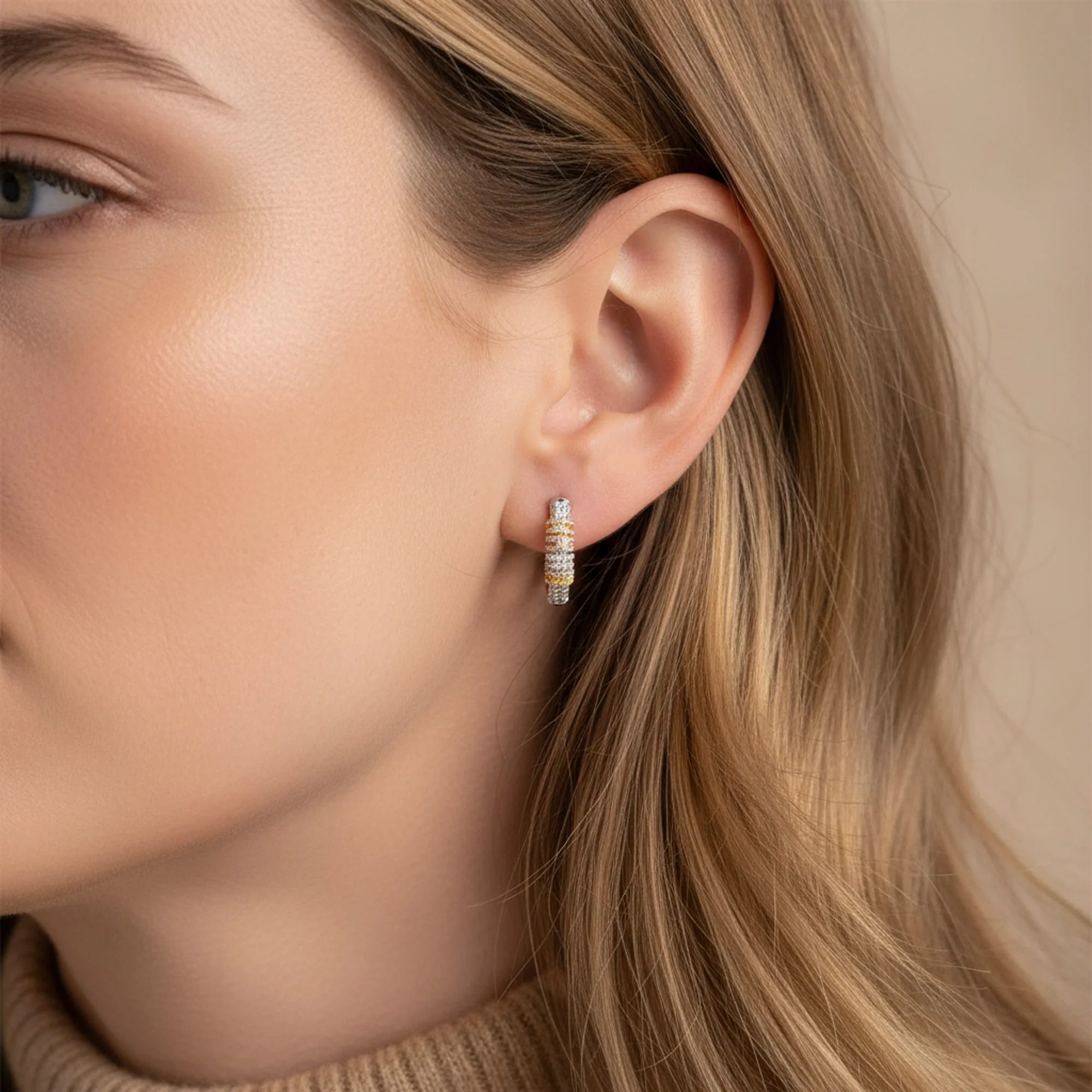 Tri-Color Pave CZ Accent Rose Gold Silver Statement Hoop Earrings .75 Inch Diameter Silver Plated - Image 3