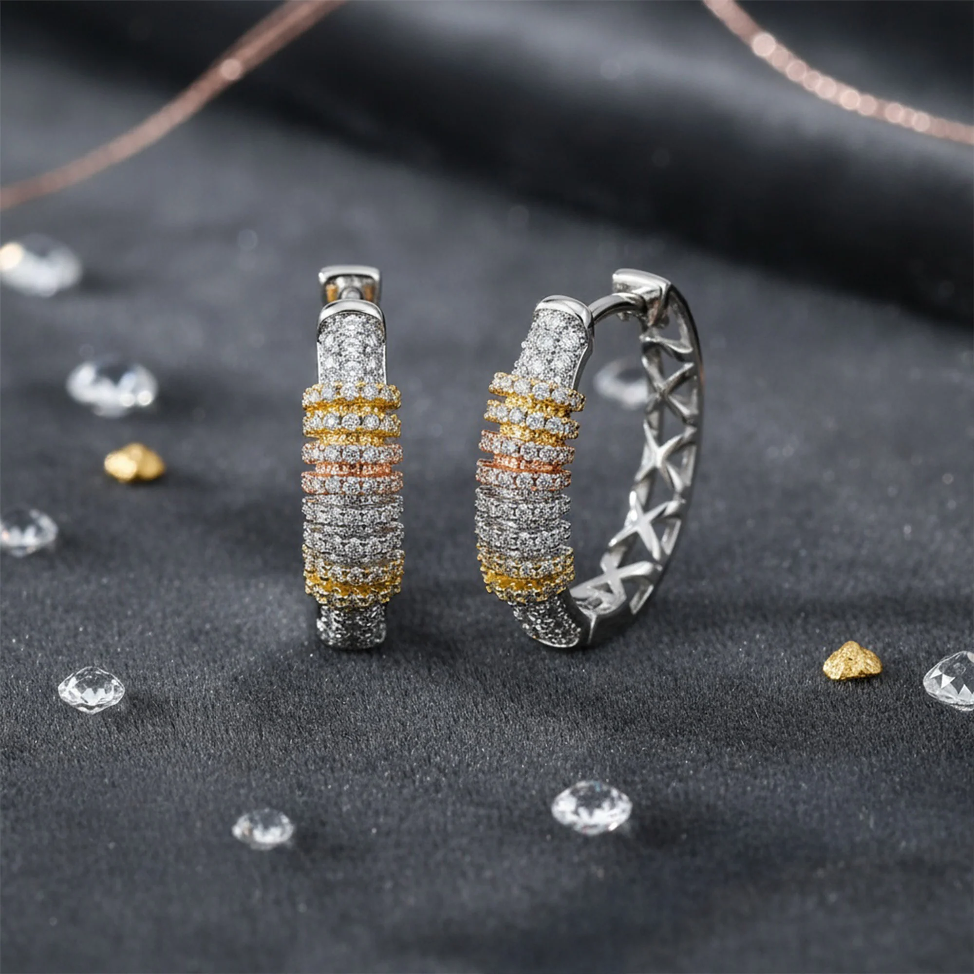 Tri-Color Pave CZ Accent Rose Gold Silver Statement Hoop Earrings .75 Inch Diameter Silver Plated - Image 4
