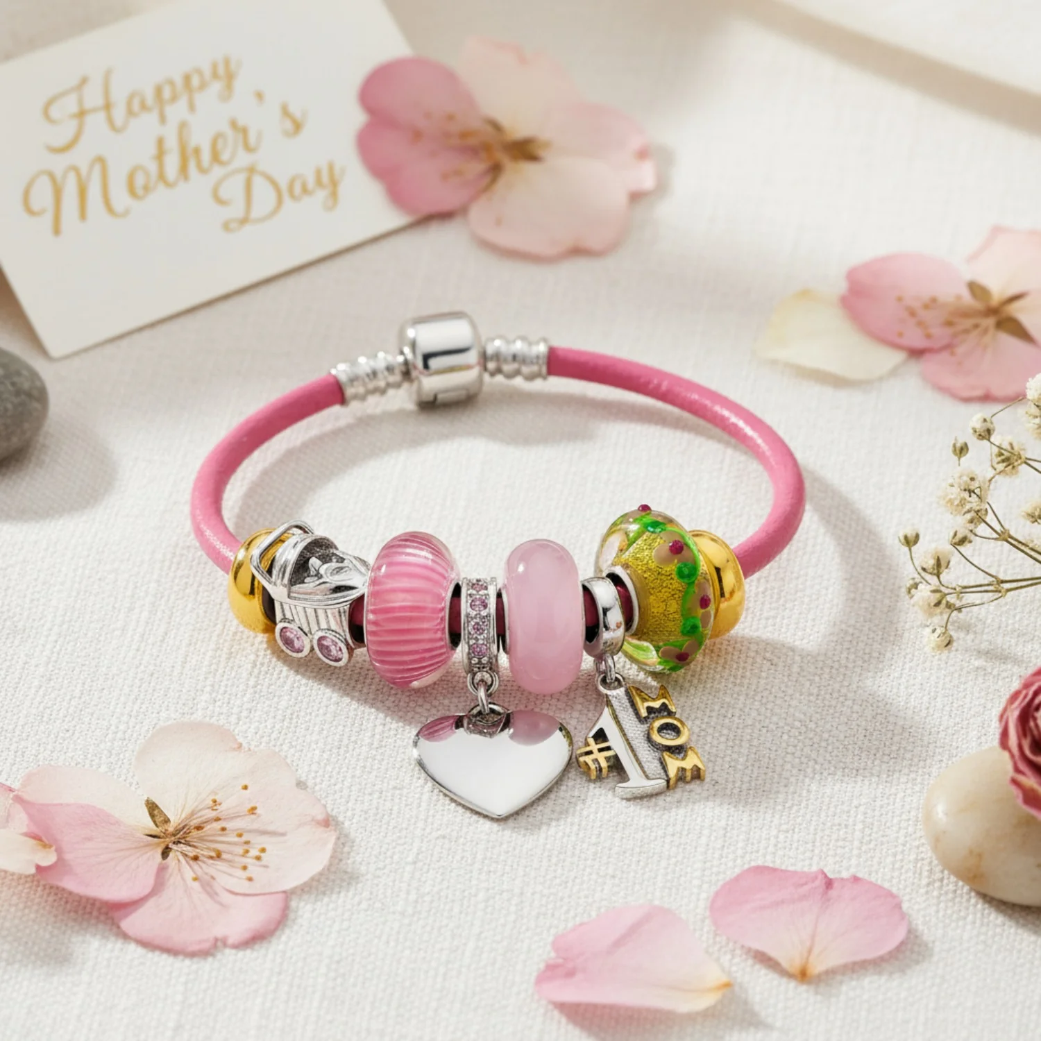 Word #1 MOM Heart Beads Charm Bracelet Sterling Silver Pink Leather 6.5-8.5 Inch - Image 3