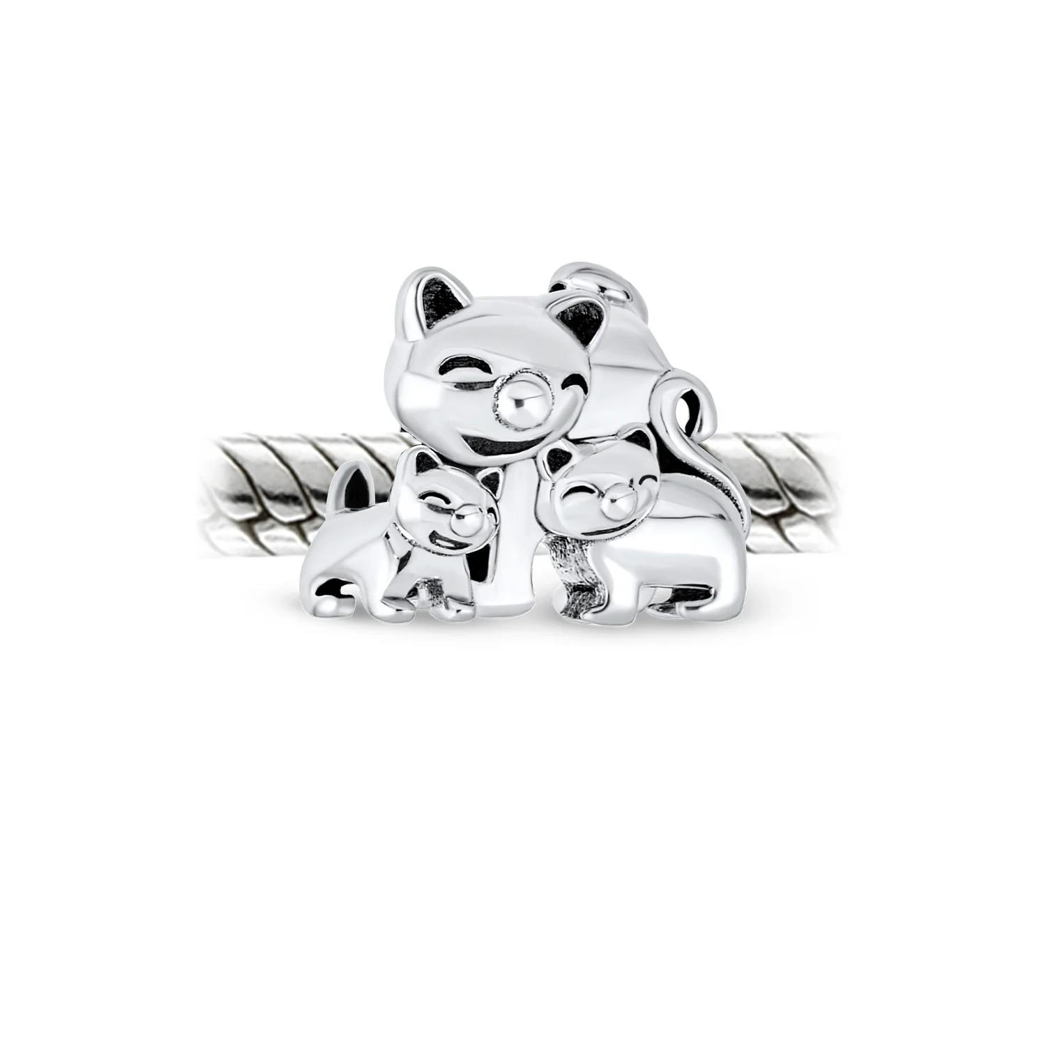 Set of 2 Mommy Cat & Kittens Family &  I Love My Cat Round Charm Bead Silver - Image 3