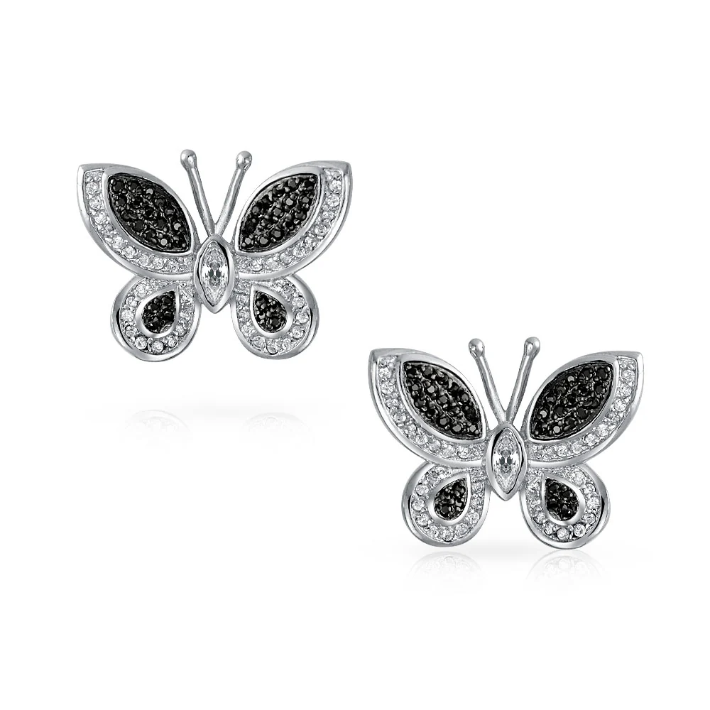 Pave CZ Garden Butterfly Huggie Hoop Stud Earrings 925 Sterling Silver - Image 2