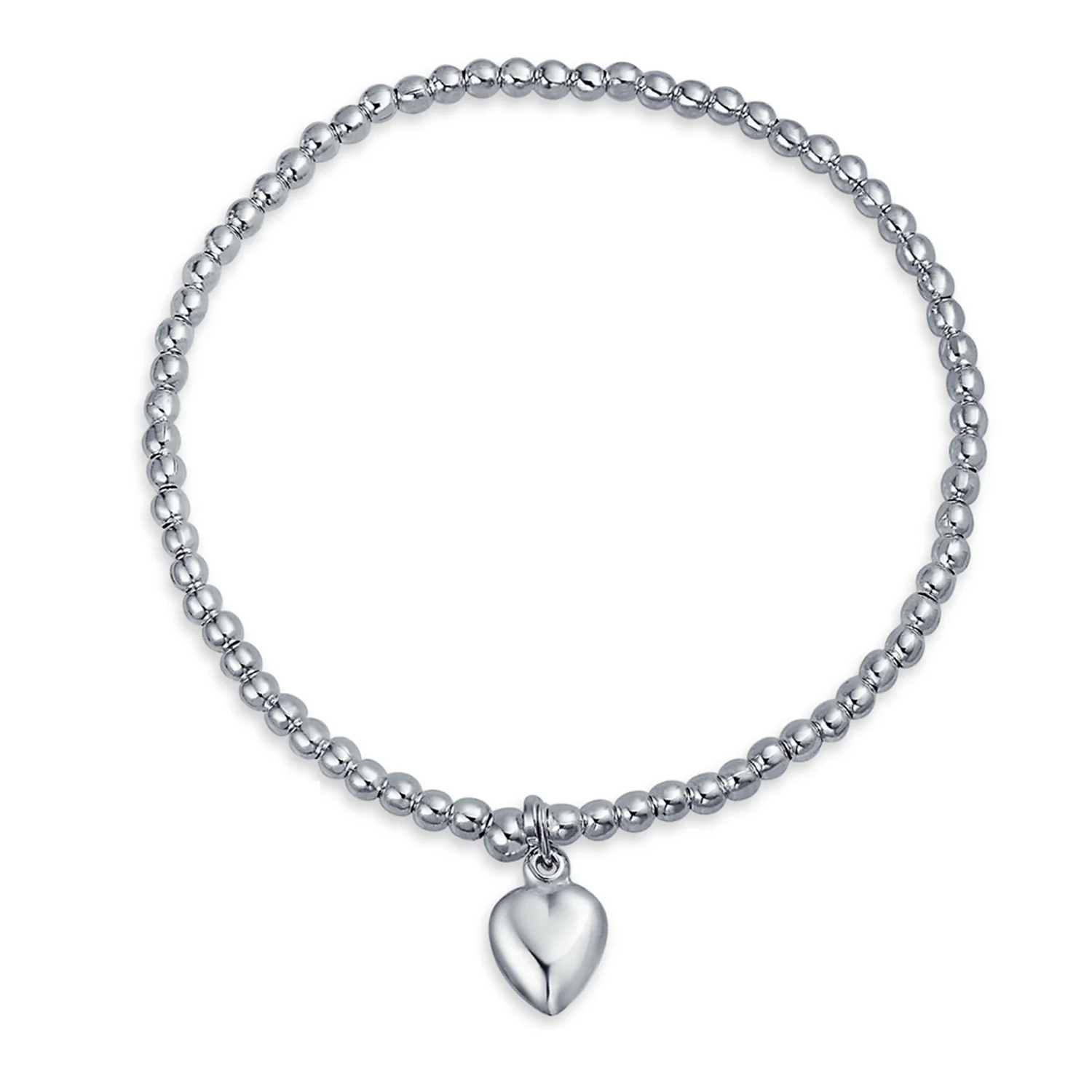Personalize Alphabet Initial Heart Charm Ball Bead Stretch Bracelet Sterling Silver