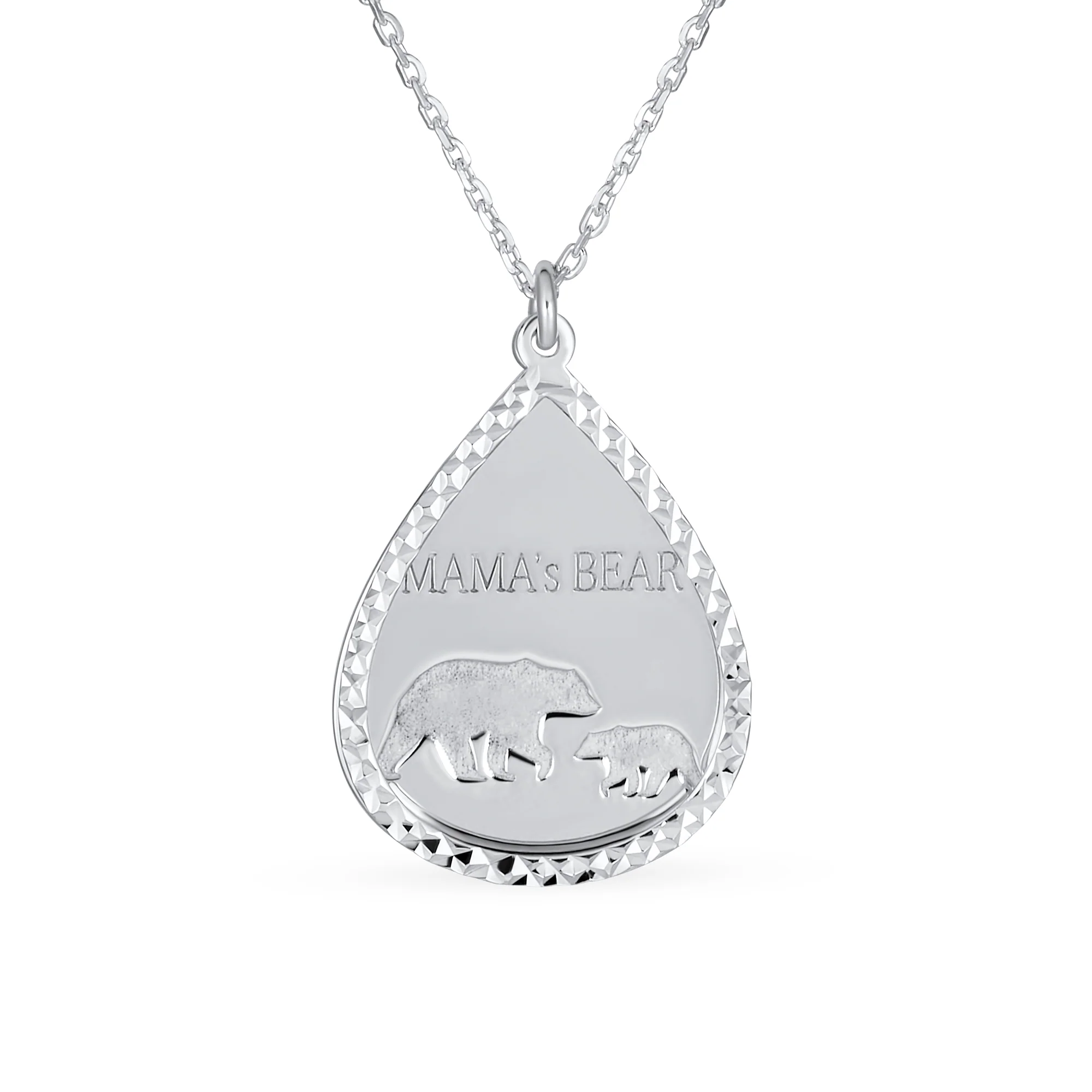 Mother Day Diamond-Cut Bezel Teardrop Word MAMA BEAR Necklace .925 Sterling Silver