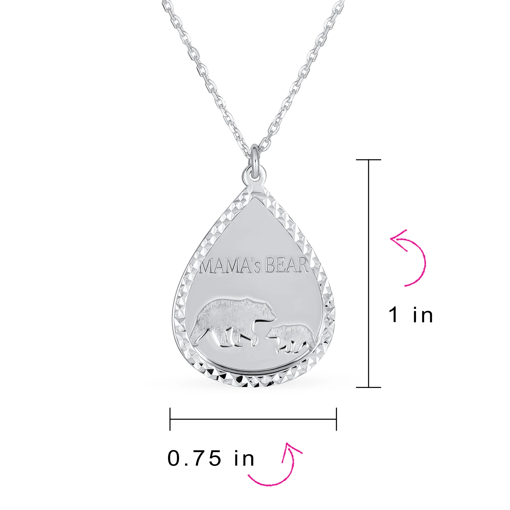 Mother Day Diamond-Cut Bezel Teardrop Word MAMA BEAR Necklace .925 Sterling Silver - Image 4