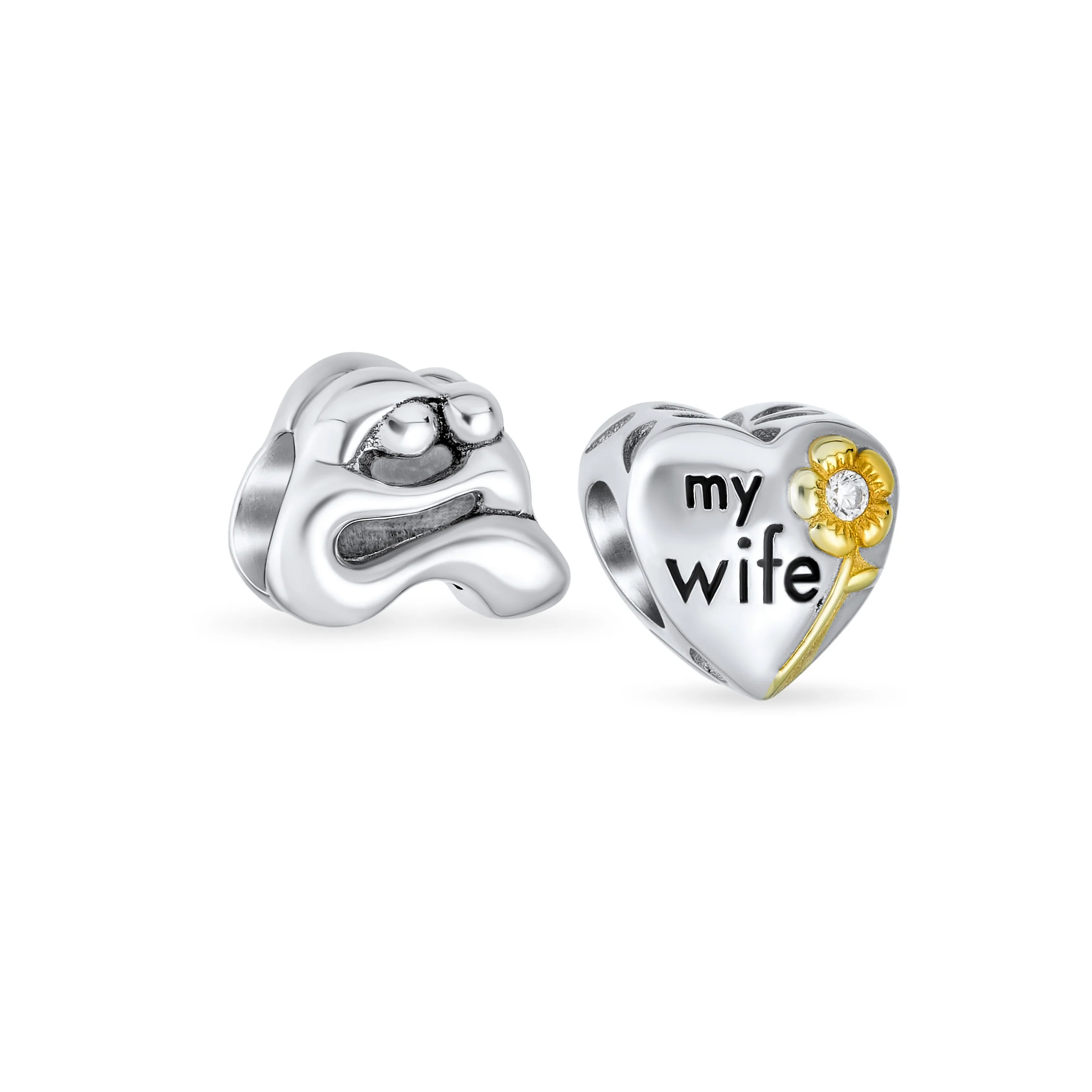 Set of 2 Mother Loving Family Flower Daisy CZ Heart 'My Wife' Charm Bead Silver