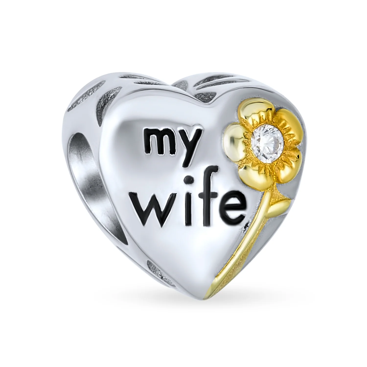 Set of 2 Mother Loving Family Flower Daisy CZ Heart 'My Wife' Charm Bead Silver - Image 5