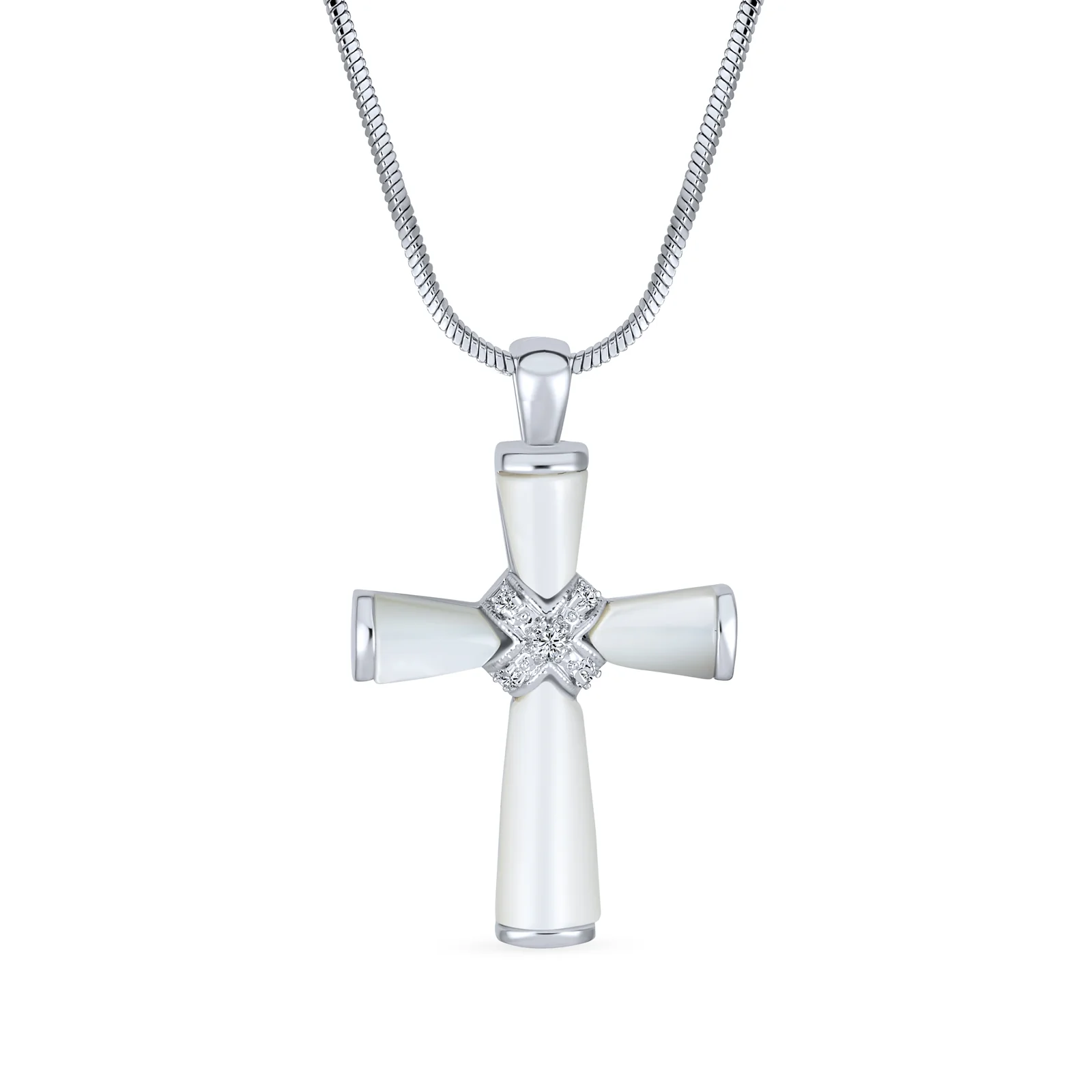 Religious Mother Of Pearl MOP Cross Pendant Necklace Rhodium Plated Brass Snake Chain Included