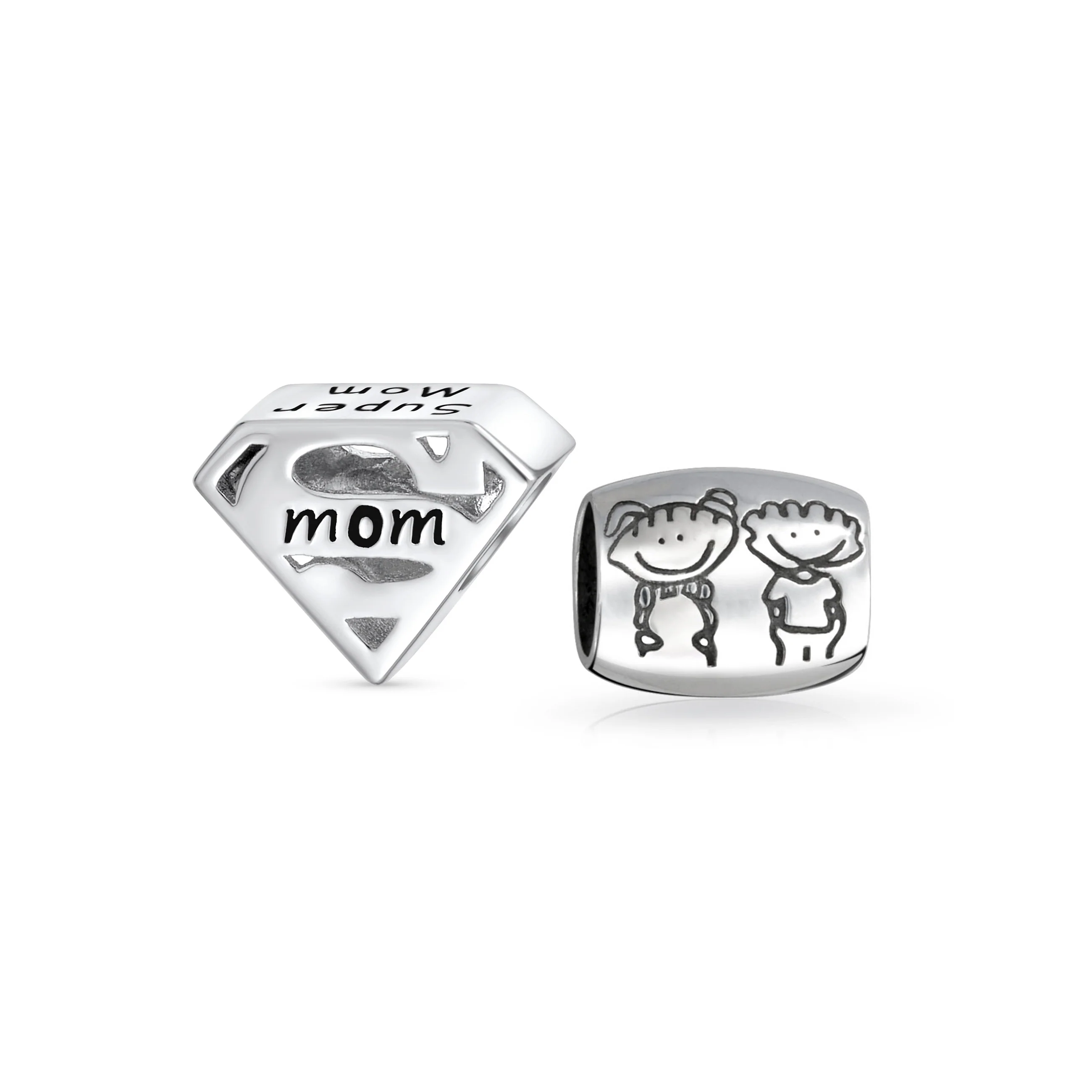 Set of 2 Mother's Day SUPER MOM and BFF Friendship Charm Bead Sterling Silver